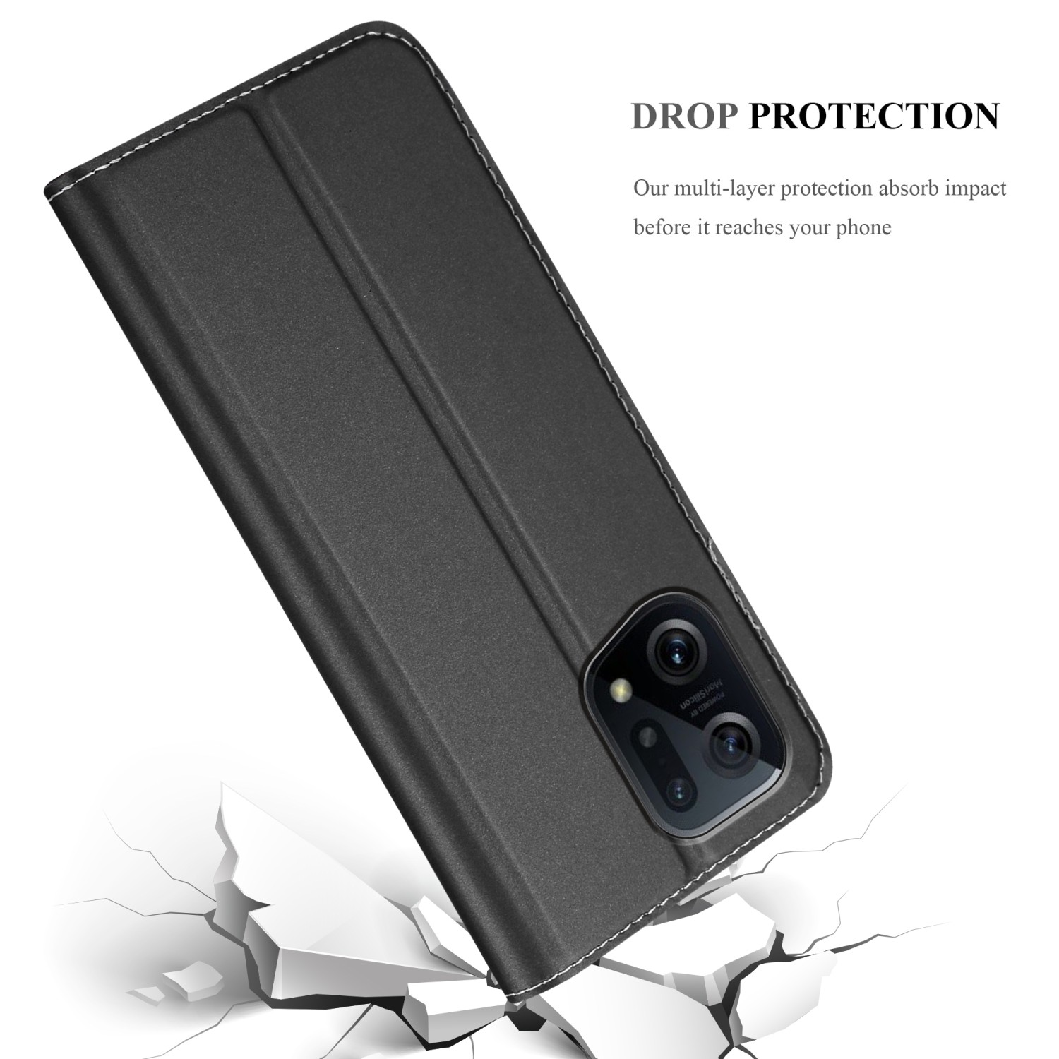 Funda negra con teléfono dentro, con texto 'DROP PROTECTION'.