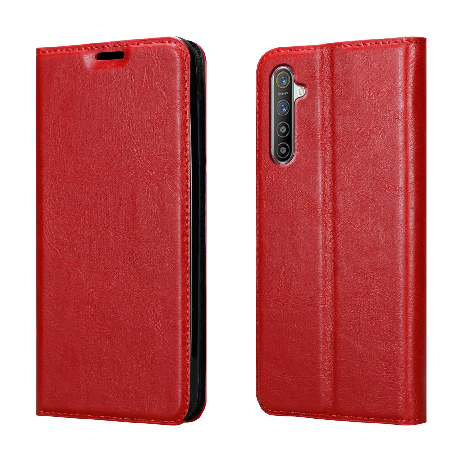 Custodia per telefono rossa, vista anteriore e posteriore. Presenta una texture simile alla pelle rossa. La custodia è aperta a destra.