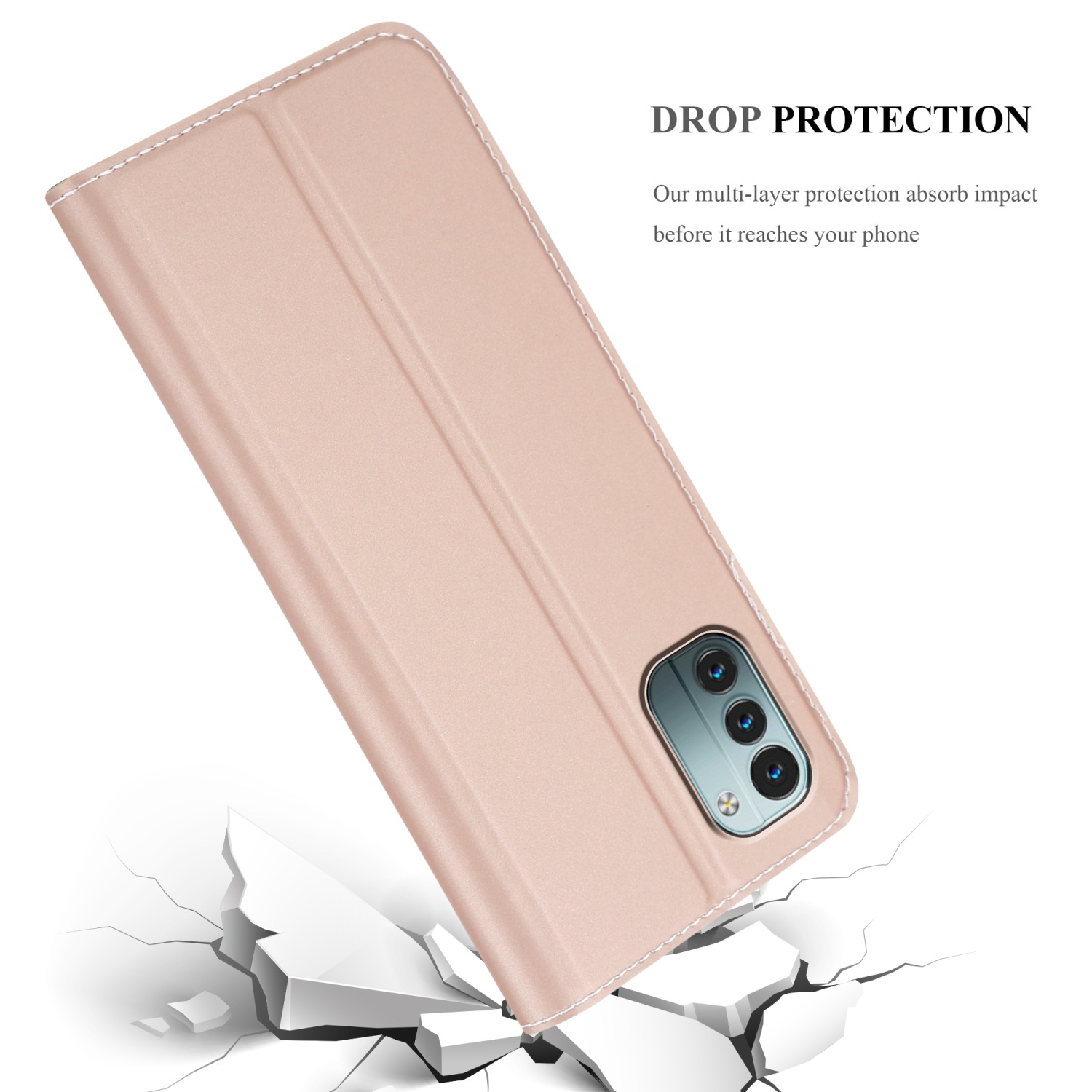 Custodia rosa con telefono, testo 'DROP PROTECTION' e terreno rotto.