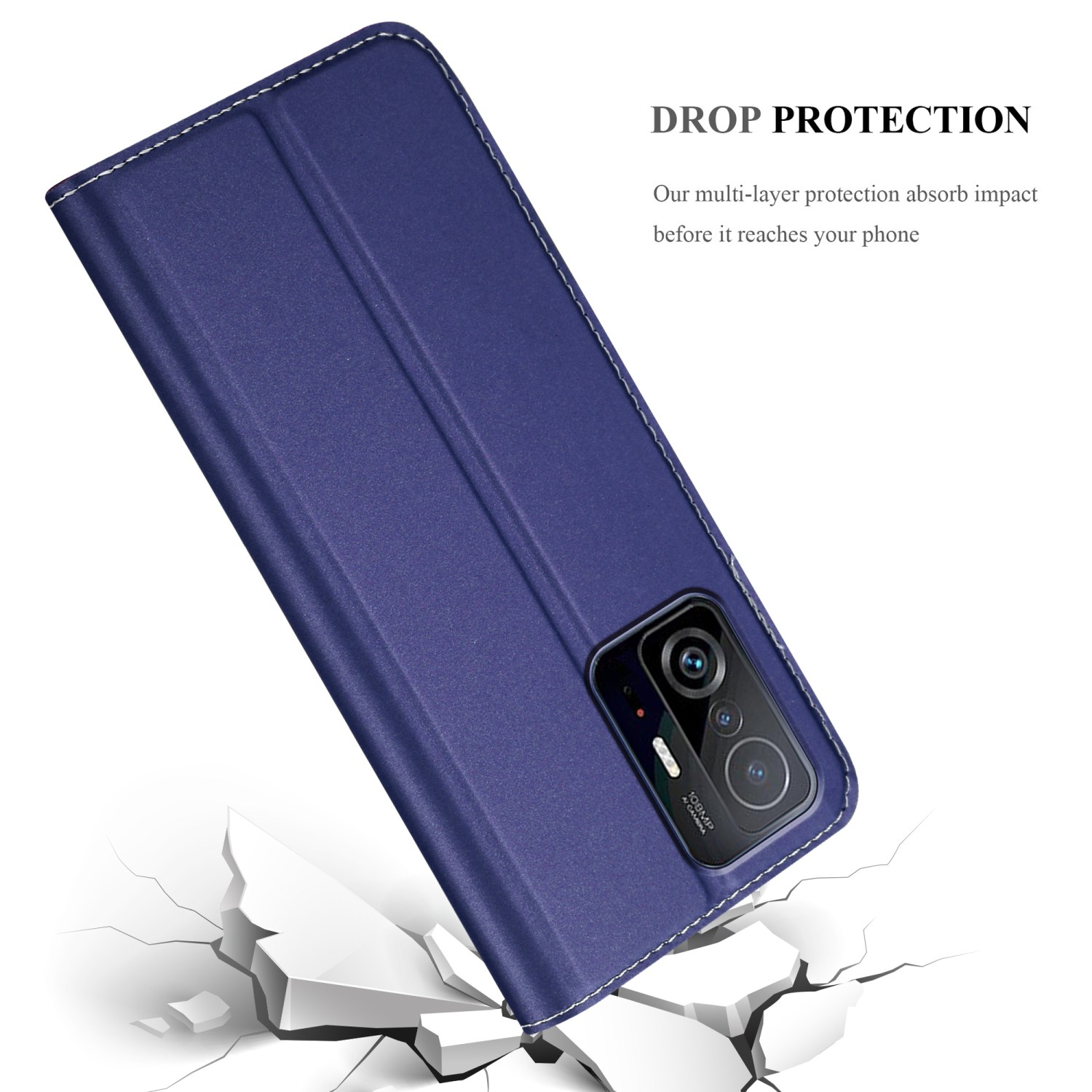 Custodia blu con telefono all'interno, su effetto suolo rotto, protezione dalle cadute.