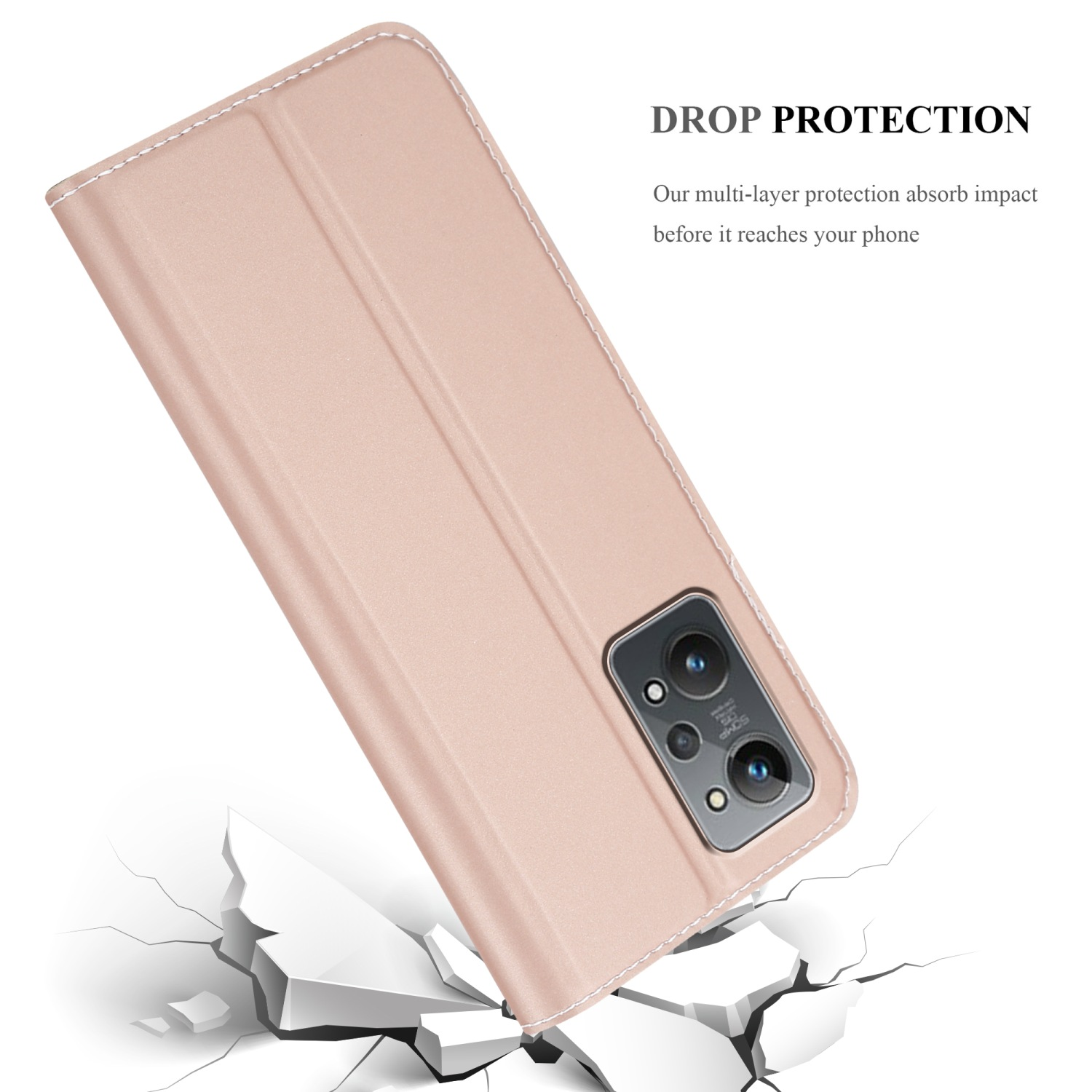 Custodia rosa con telefono dentro. Inclinata con testo: Drop Protection.