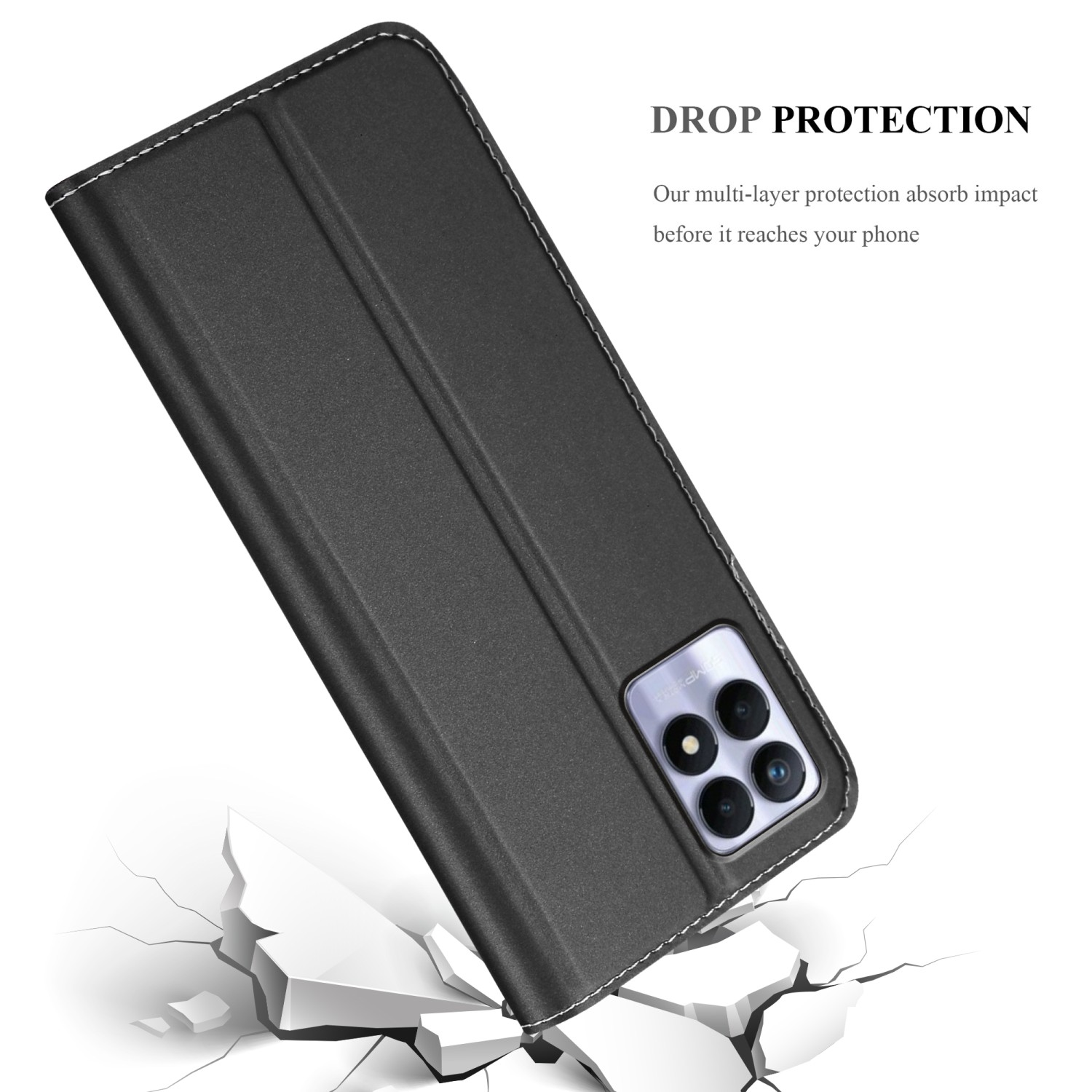 Schwarze Handyhülle mit weißen Nähten. Text: 'DROP PROTECTION'. Die Hülle liegt auf zerbrochener Oberfläche.