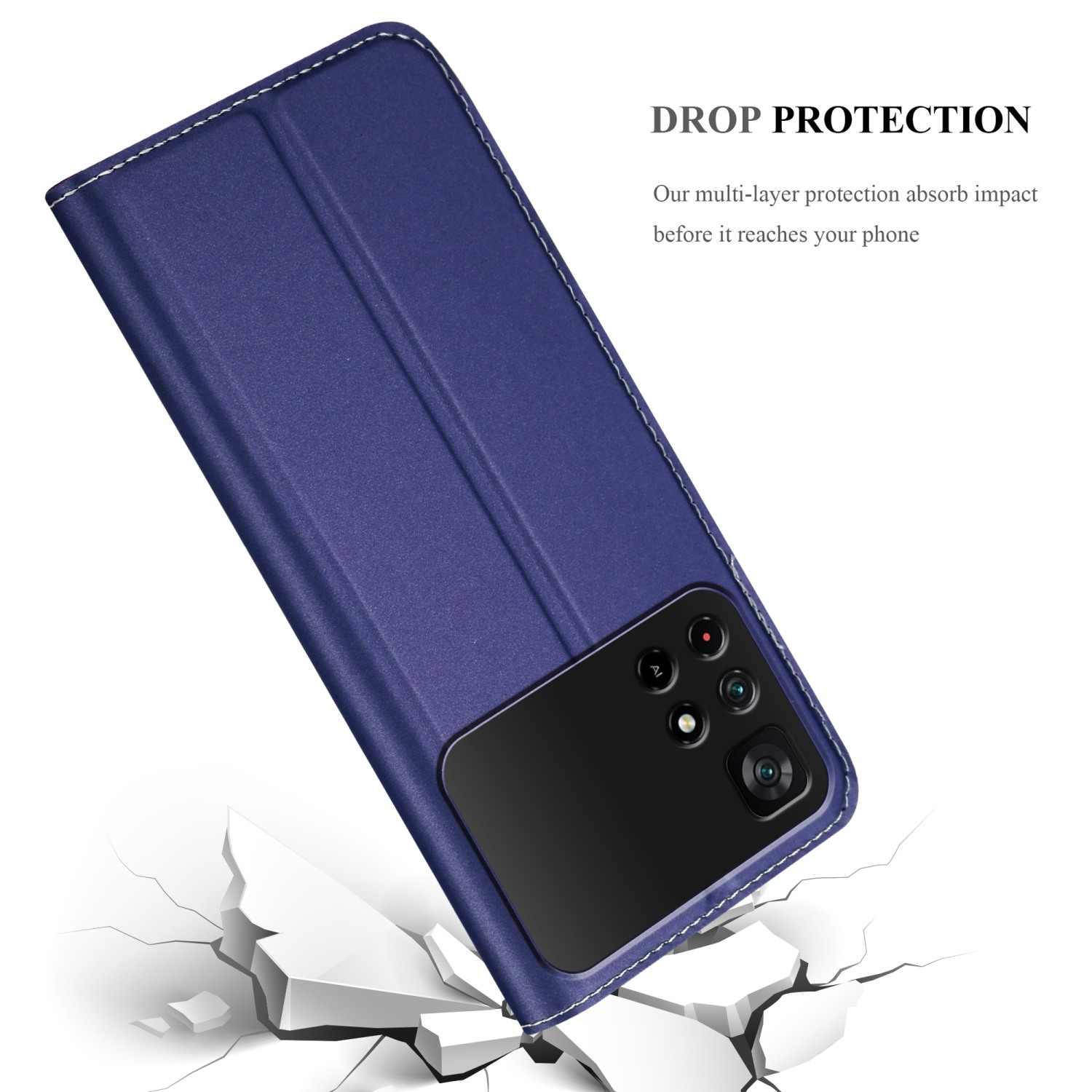 Una custodia blu protegge un telefono. La custodia è aperta, con un telefono all'interno. Crepe sotto.