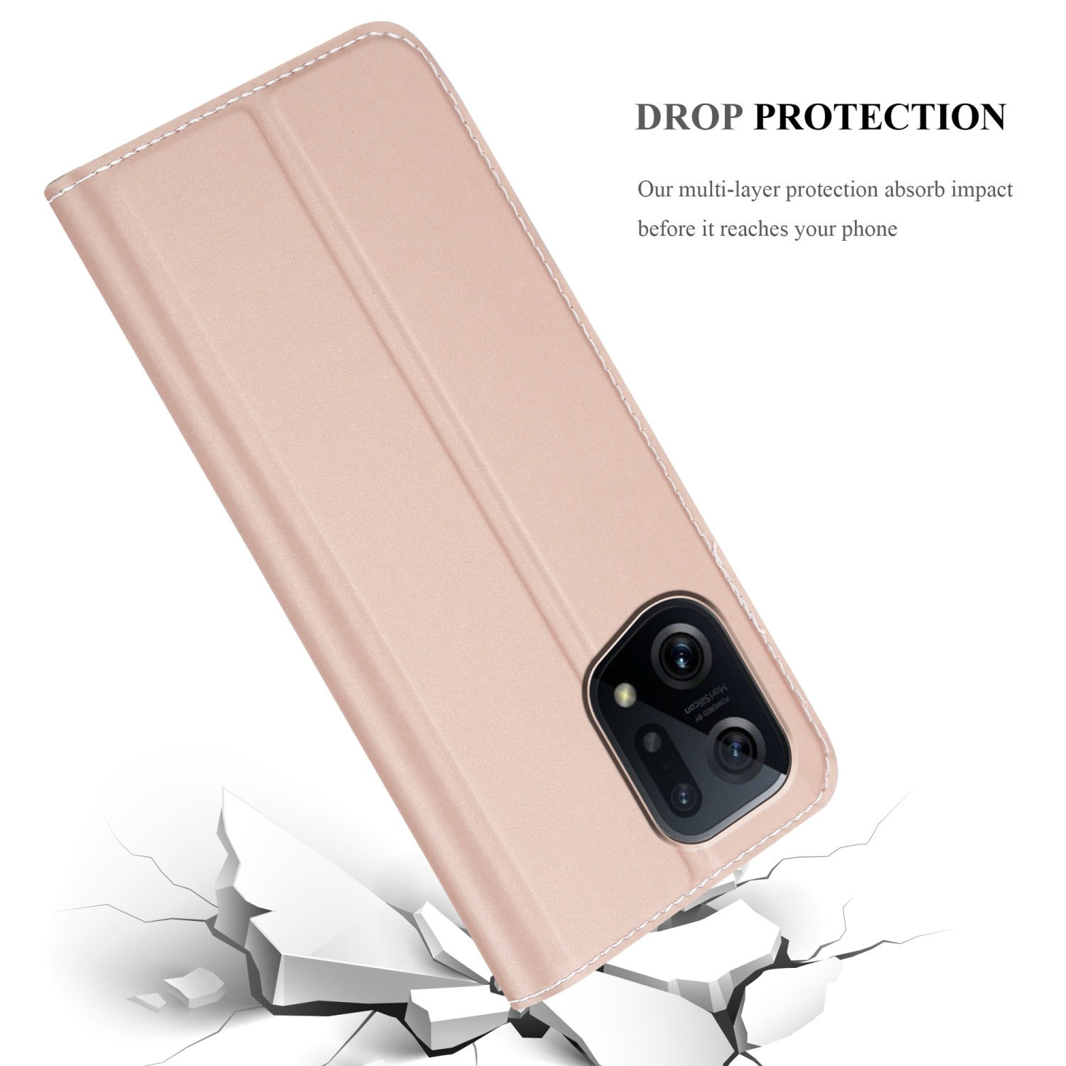 Una custodia rosa per telefono su una superficie rotta. La custodia protegge il telefono con protezione contro le cadute.
