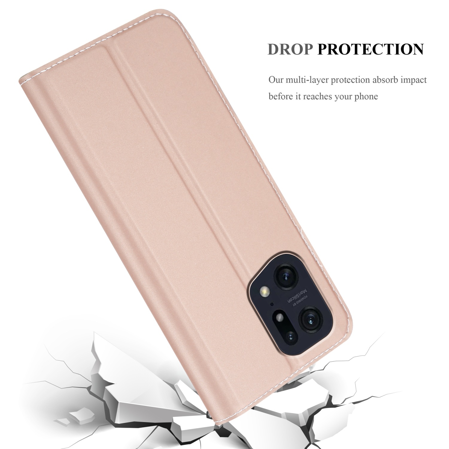 Custodia rosa con telefono dentro, testo 'DROP PROTECTION' e pavimento rotto.