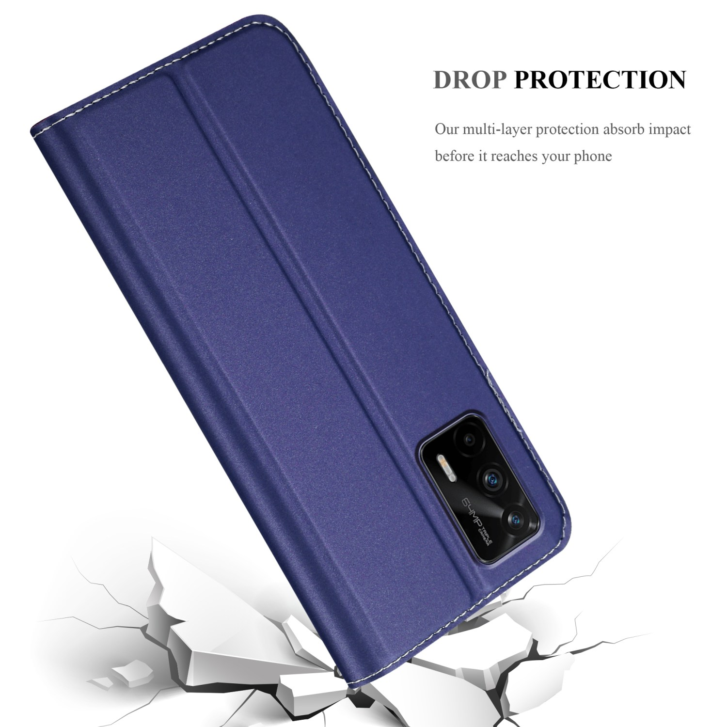 Custodia per telefono blu con superficie incrinata. La custodia è chiusa, con un telefono all'interno.