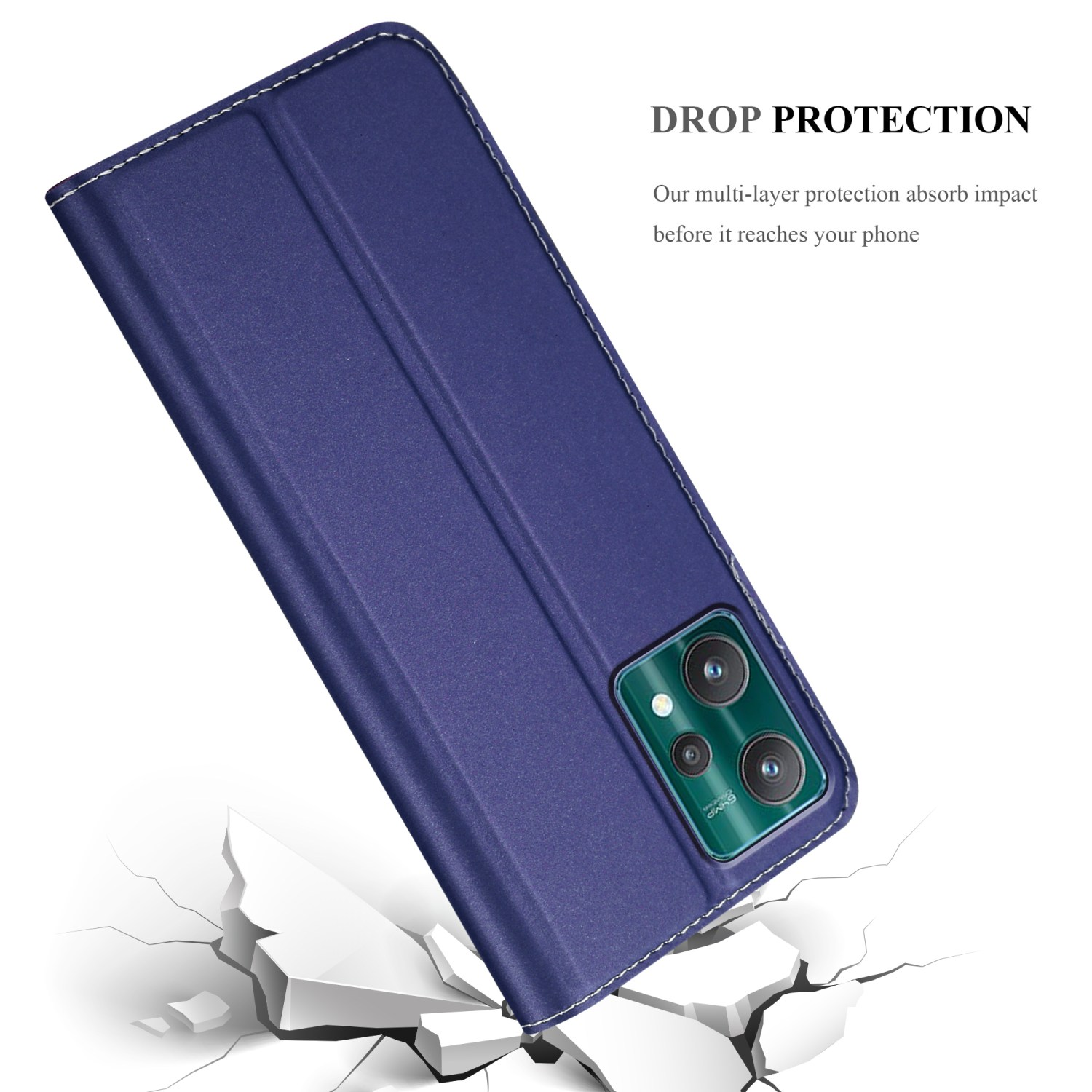 Custodia blu con telefono parzialmente inserito, testo sulla protezione dalle cadute.
