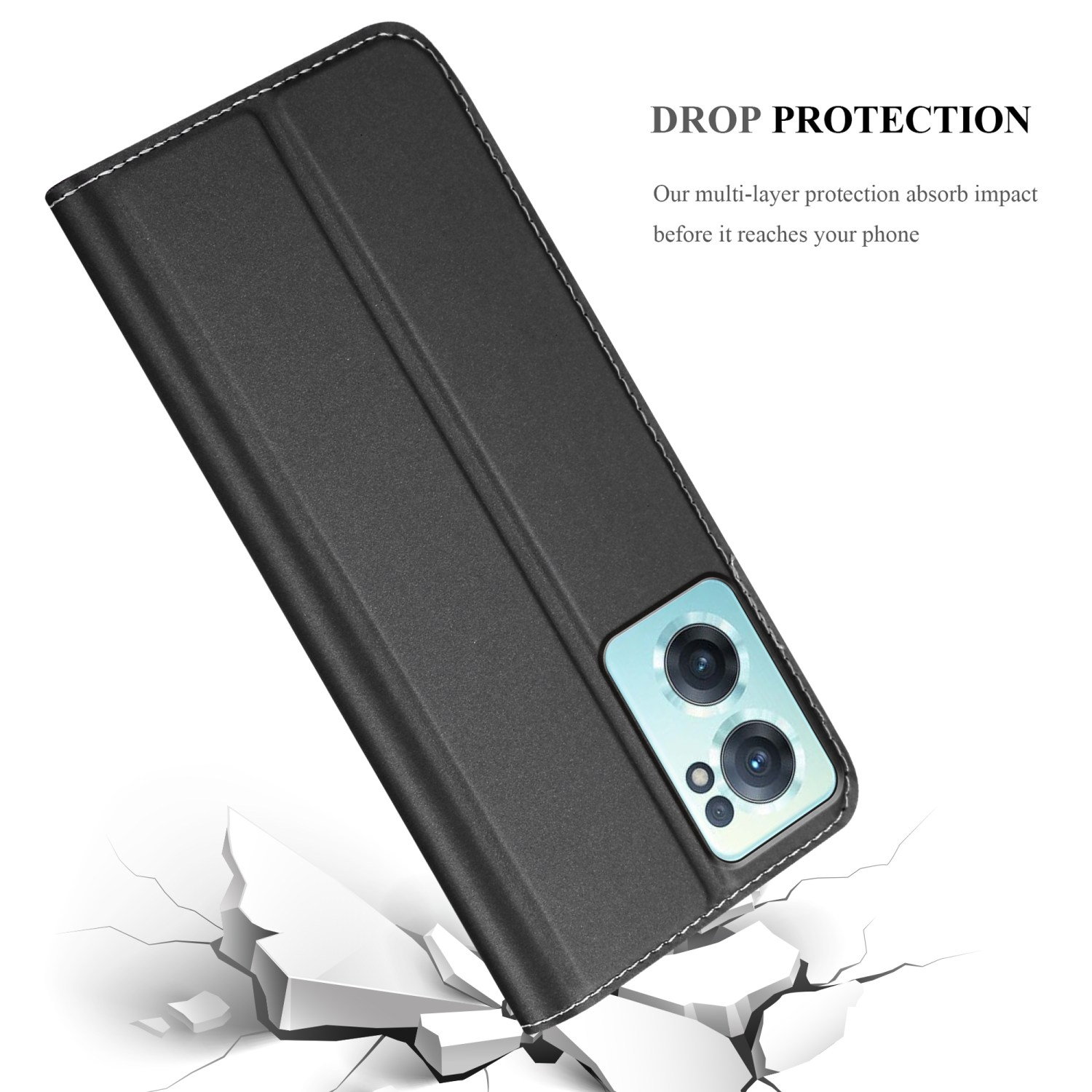 Custodia nera con telefono all'interno, su superficie crepata, con testo: DROP PROTECTION.