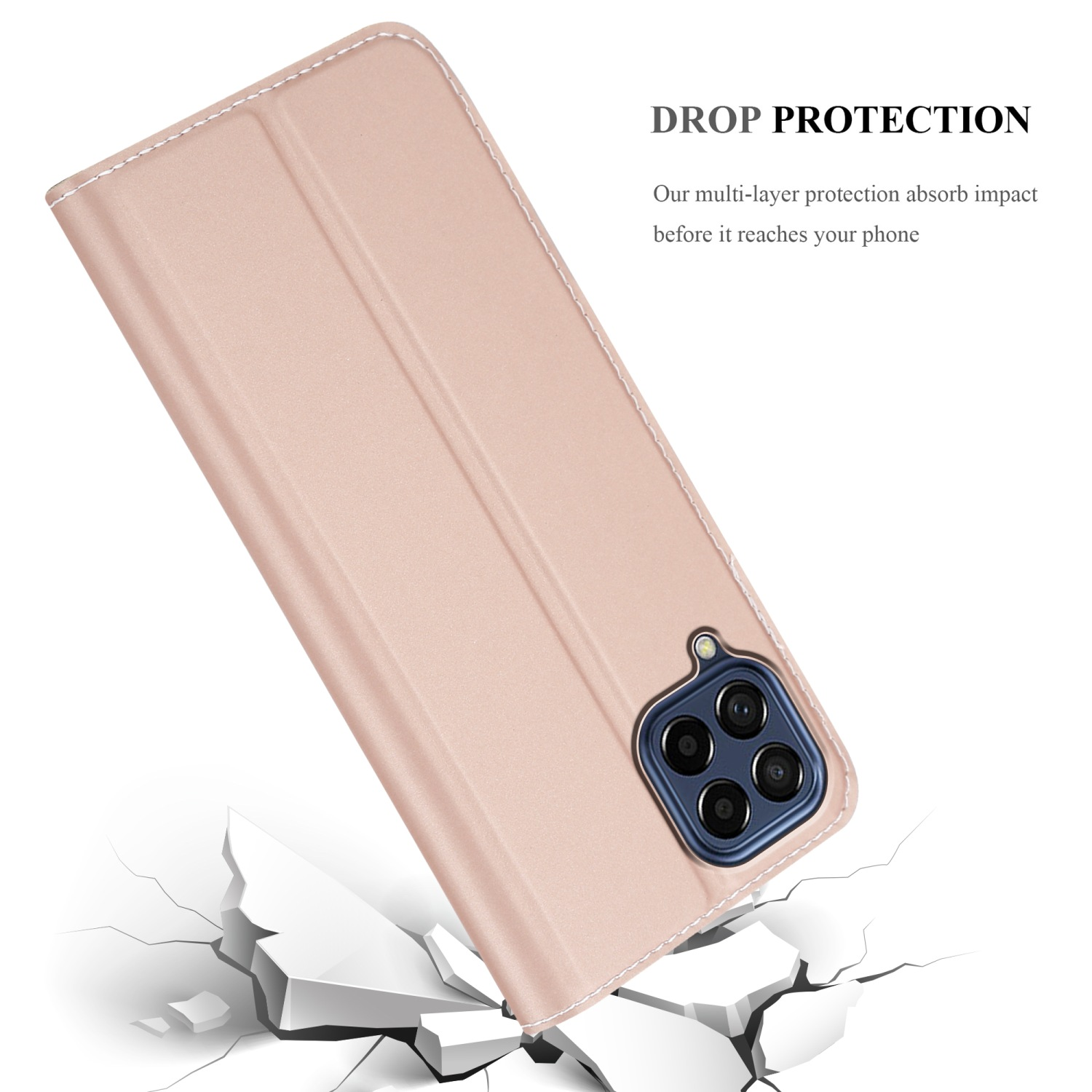 Una custodia per telefono rosa con un telefono all'interno, che mostra un effetto di terreno rotto e una descrizione della protezione dalle cadute.