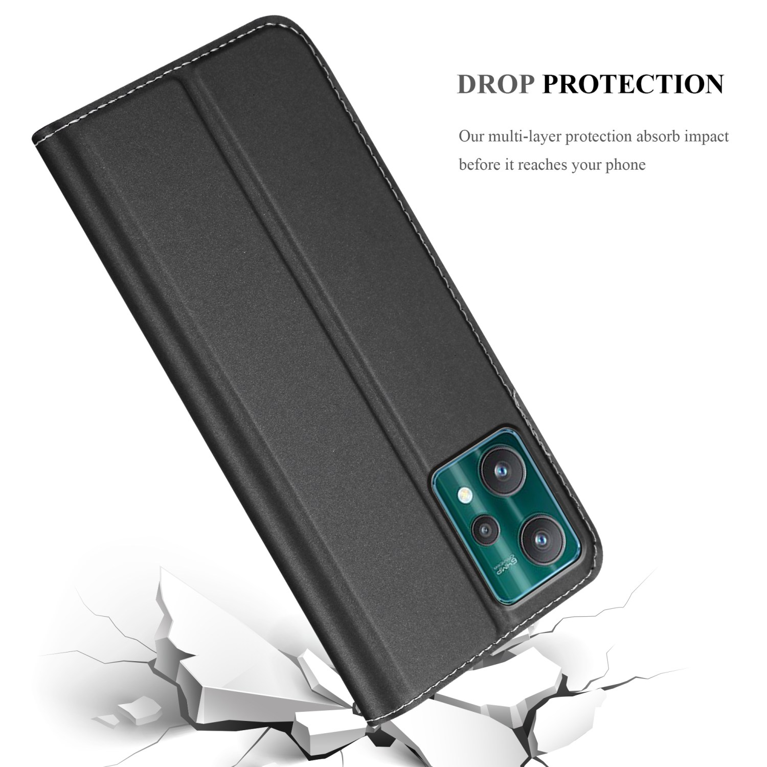 Custodia nera per telefono che protegge un telefono, con cuciture bianche e la scritta 'Drop Protection'.