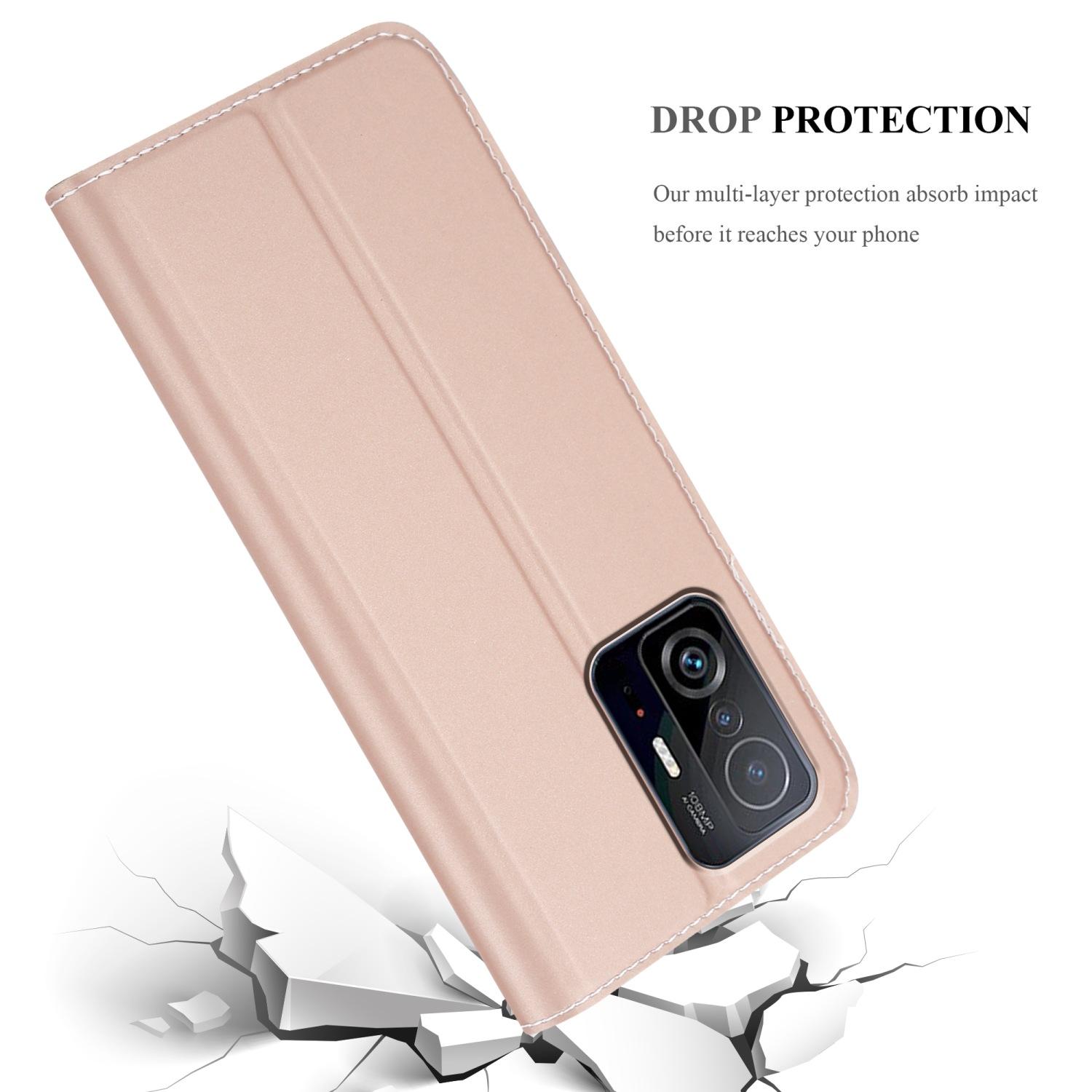 Custodia per telefono rosa, aperta, che mostra la fotocamera di un telefono. Il testo recita: 'Drop Protection'.