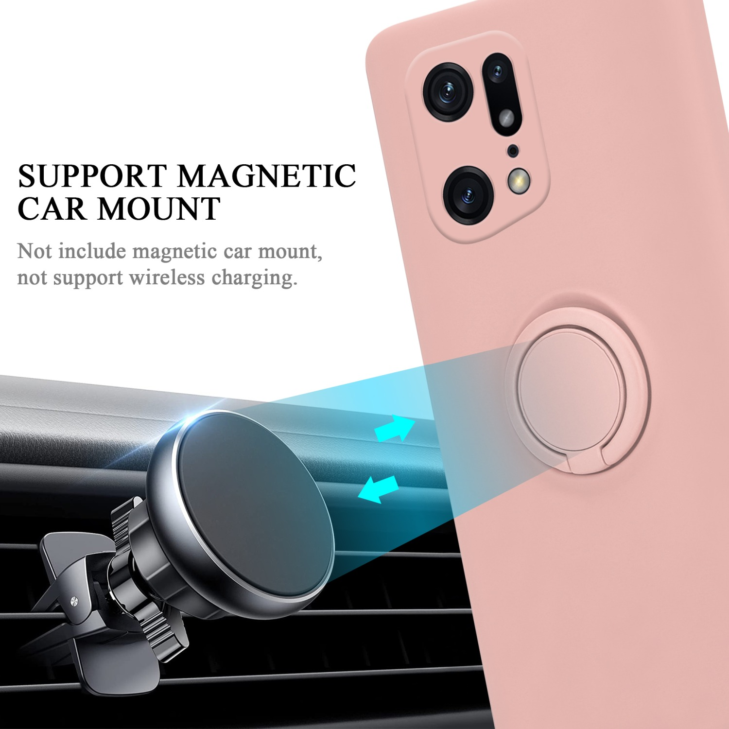 Custodia rosa con supporto per auto e frecce che lo indicano.