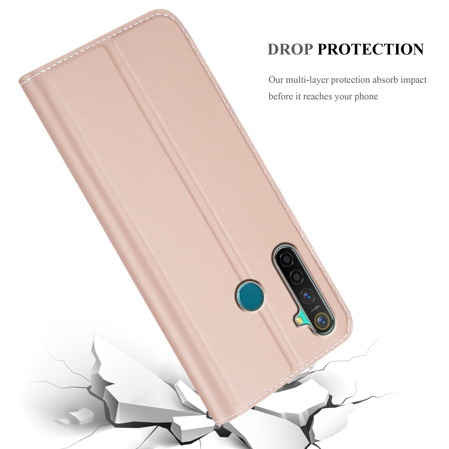 Una custodia rosa con telefono all'interno, testo sovrapposto, che mostra info protezione.