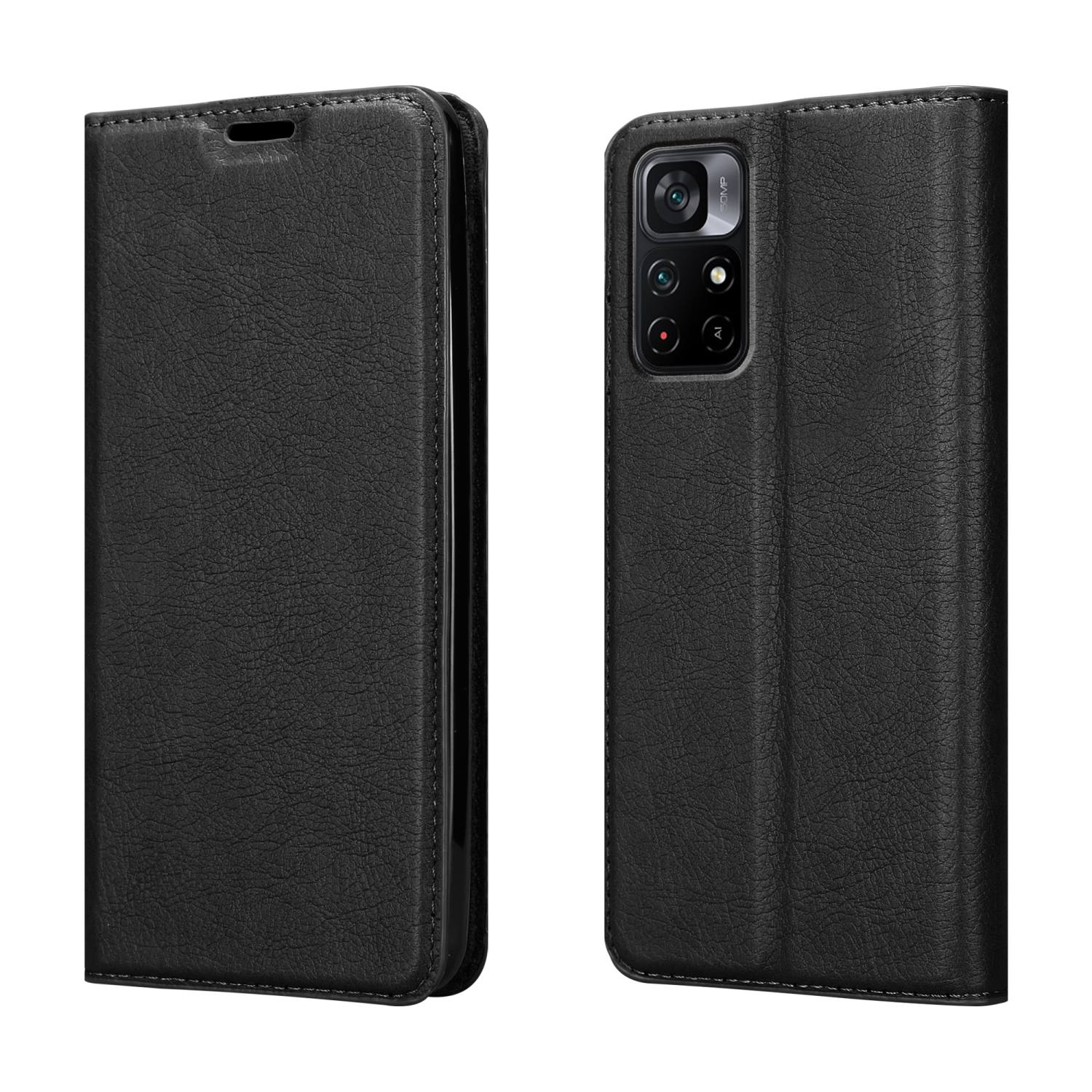 Due custodie per telefono in pelle nera, una chiusa e una aperta. La custodia aperta mostra il telefono con fotocamera.