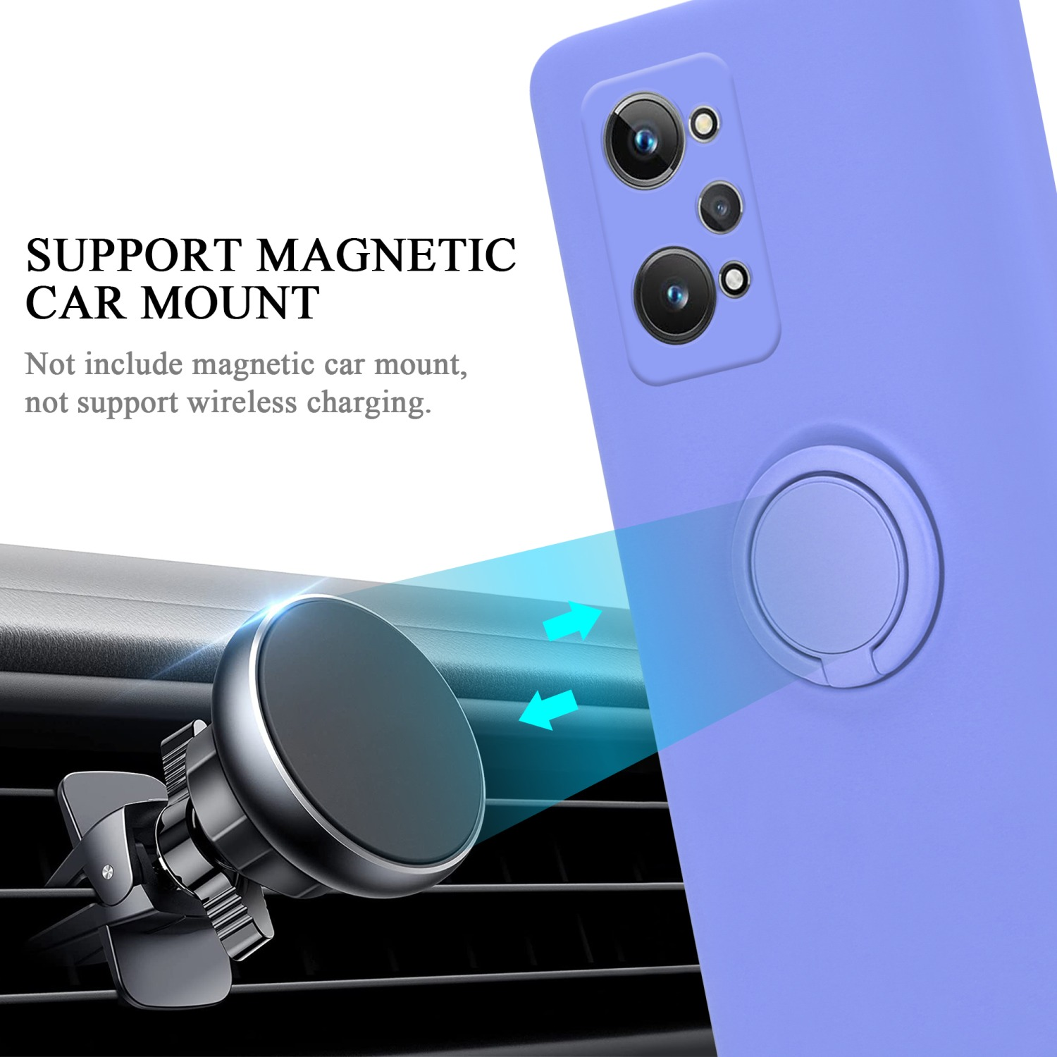 Una custodia per telefono viola con un supporto ad anello è accanto a una presa d'aria per auto. Il testo dice SUPPORT MAGNETIC CAR MOUNT.