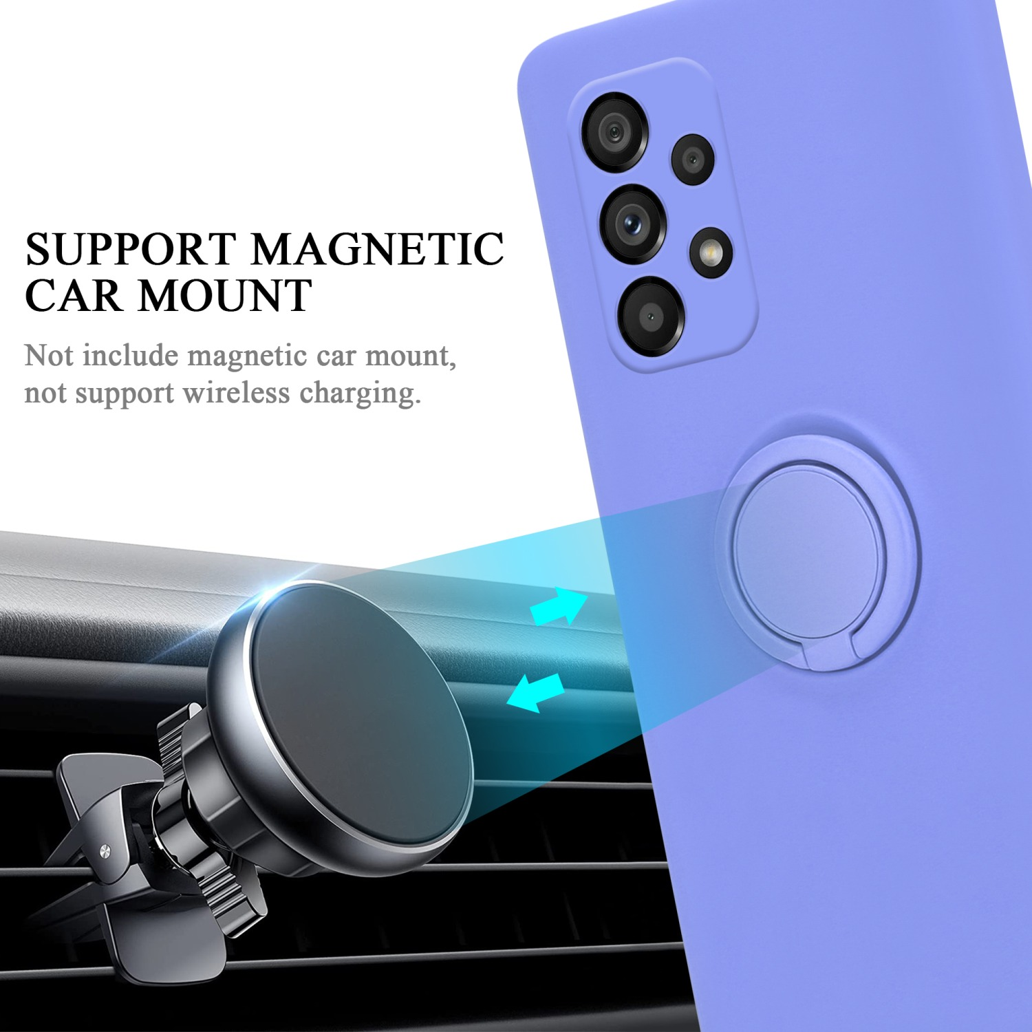 Una custodia per telefono viola con un supporto ad anello e un supporto per auto sullo sfondo.