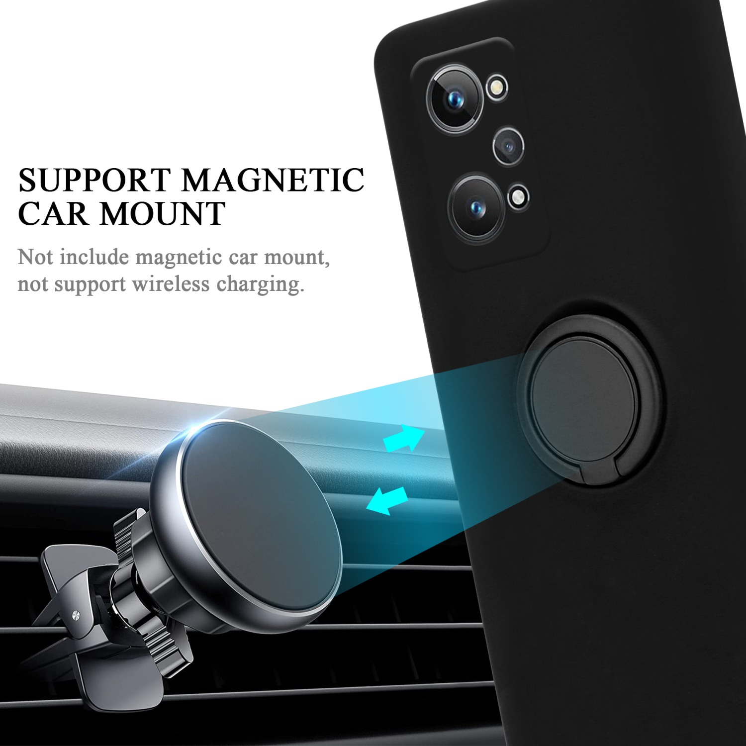 Custodia per telefono nera con supporto ad anello fissata alla presa d'aria dell'auto, con frecce.