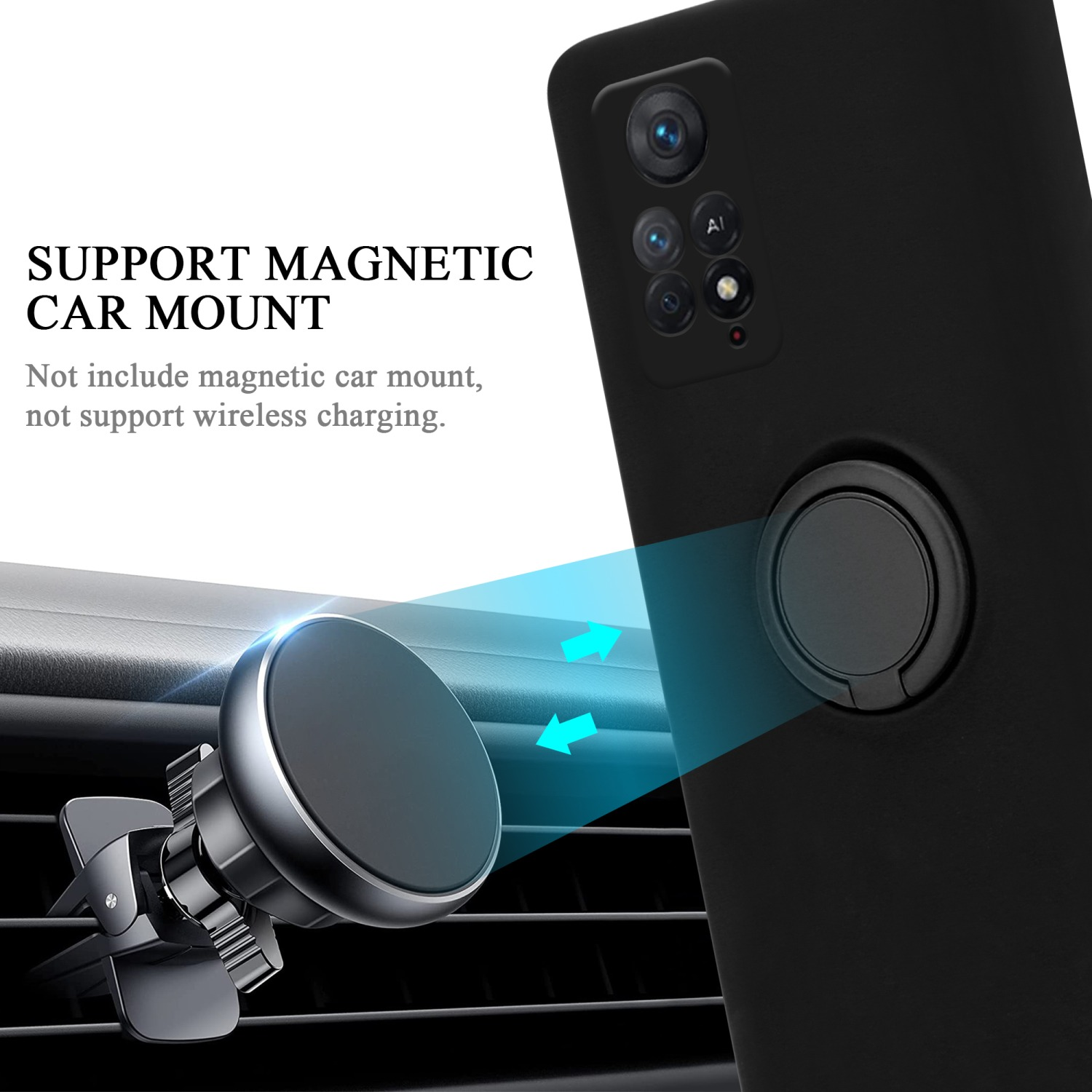 Custodia per telefono nera con supporto magnetico per auto e testo: SUPPORT MAGNETIC CAR MOUNT. Frecce che puntano.