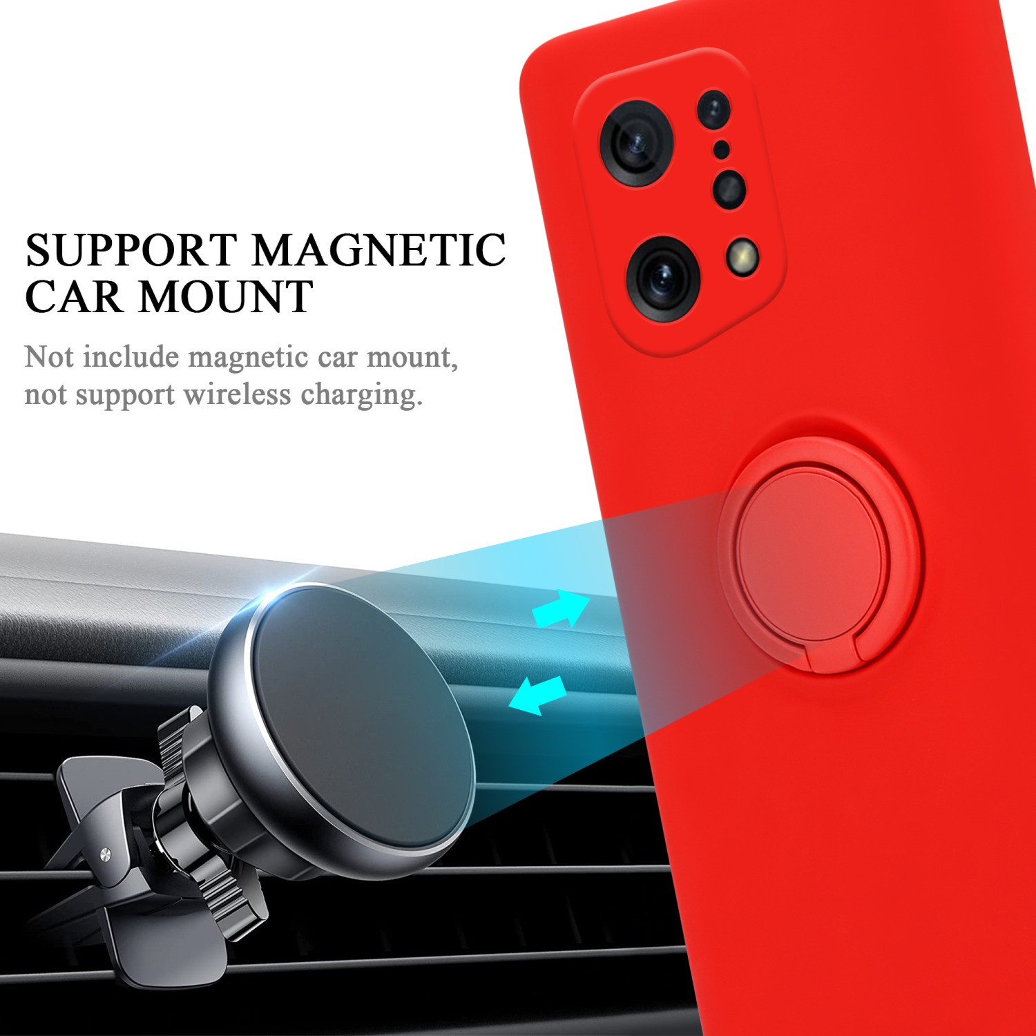 Funda de teléfono roja con soporte para coche y flechas apuntando hacia él.