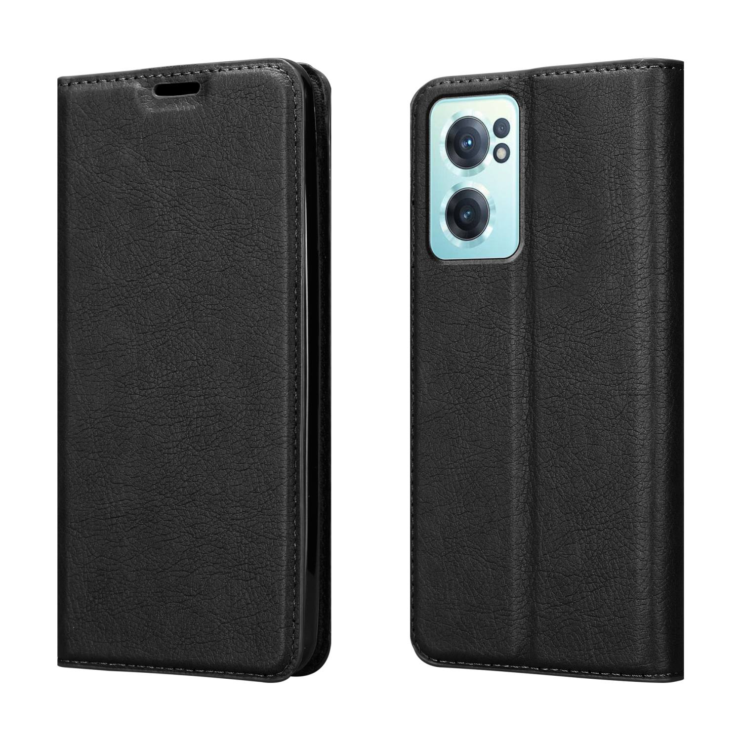 Due custodie per telefono in pelle nera, una aperta e una chiusa, che mostrano la fotocamera del telefono.