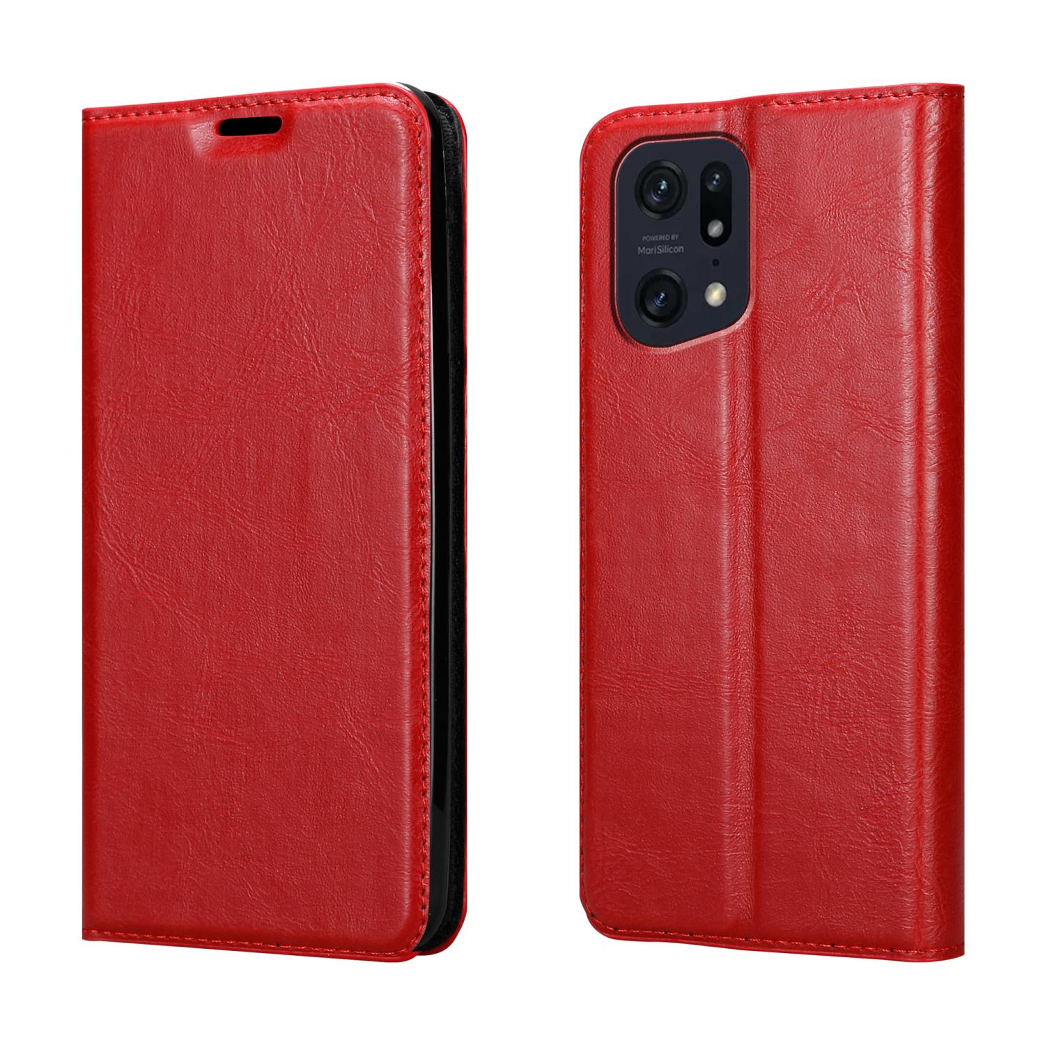 Custodia per telefono in pelle rossa, due viste, una chiusa, una aperta che mostra il retro del telefono.