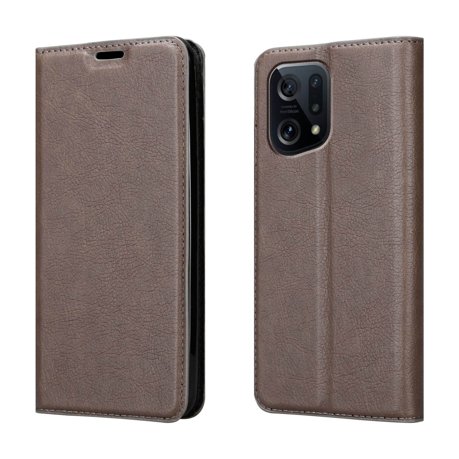 Una funda de teléfono marrón con aspecto de cuero. Se muestra tanto abierta como cerrada, mostrando el diseño.