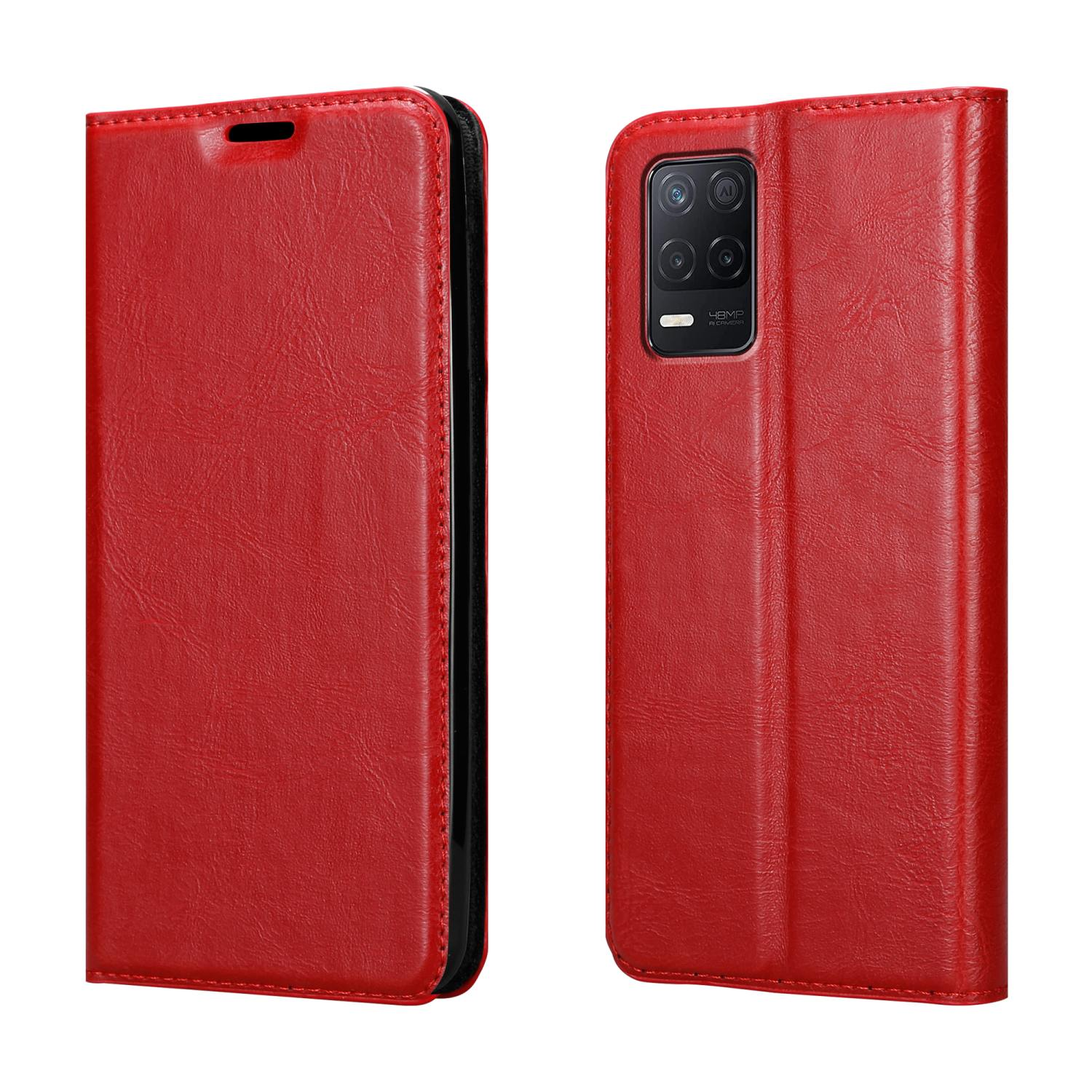 Due custodie per telefono in pelle rossa, una aperta e una chiusa. La custodia aperta mostra la fotocamera di un telefono.