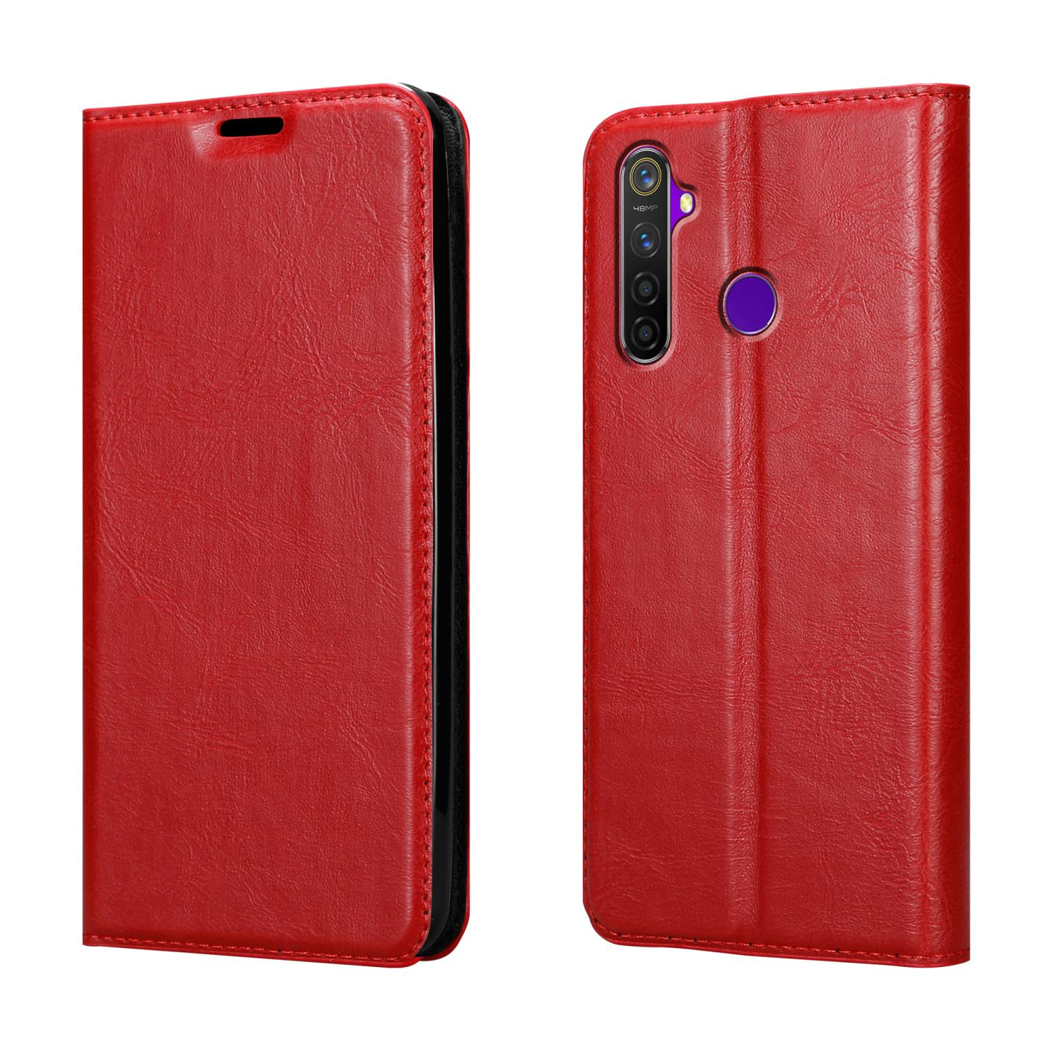 Custodia per telefono in pelle rossa, due viste. Una chiusa e una aperta che mostra il retro del telefono.