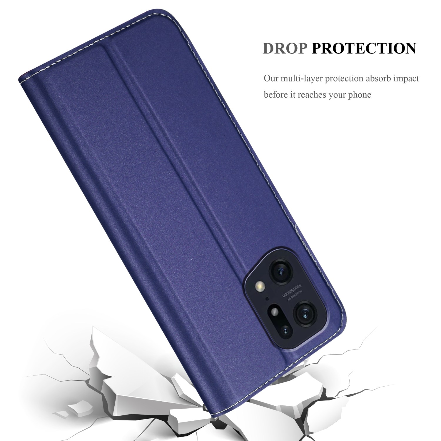 Custodia blu per telefono con cuciture bianche, aperta, con telefono ed effetto pavimento rotto.