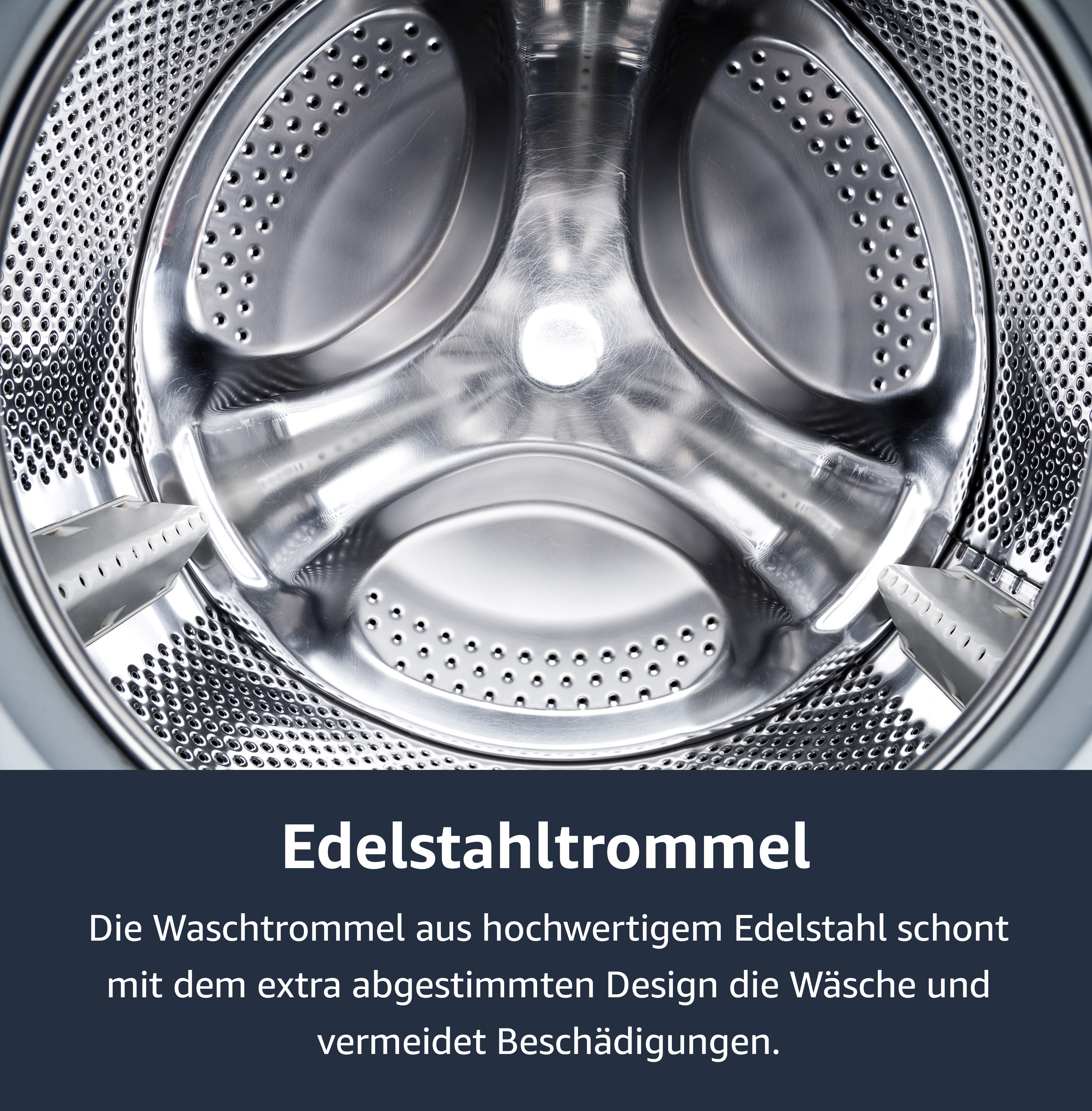Waschmaschinentrommel-Innenraum mit Text über Edelstahl.