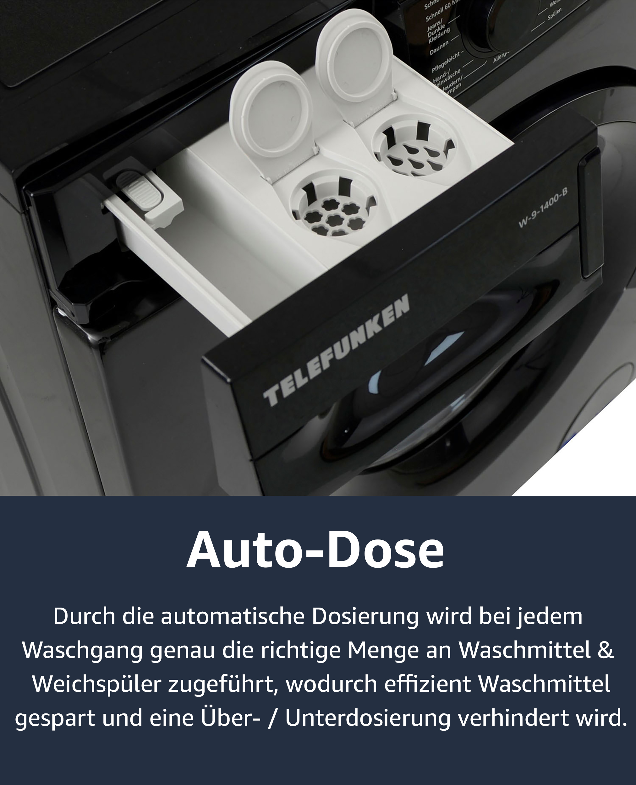 Waschmittelschublade einer schwarzen Waschmaschine mit dem Text 'Auto-Dose'.