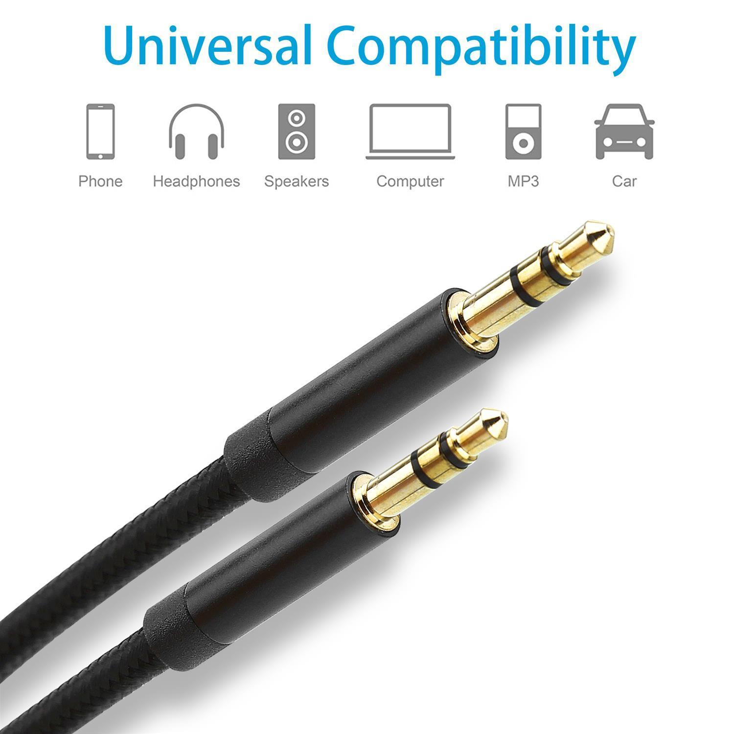 Cable de audio negro con conectores dorados y fondo blanco.