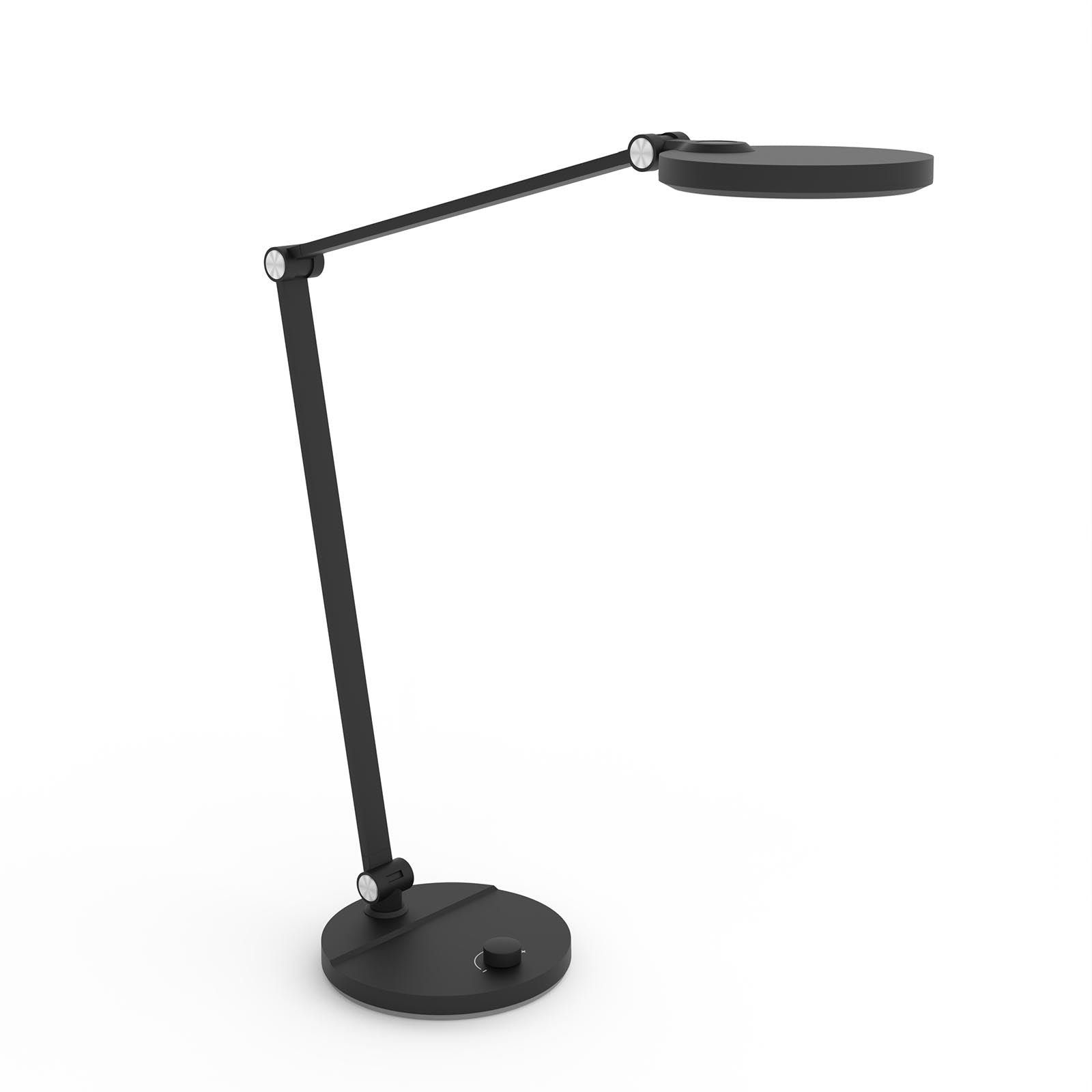 Schwarze Schreibtischlampe mit verstellbarem Arm und rundem Licht. Auf weißer Fläche.