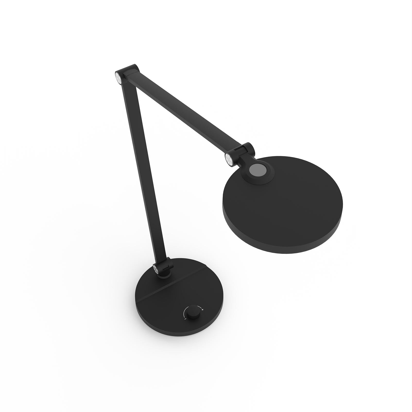Eine schwarze Schreibtischlampe mit rundem Lampenkopf und Sockel. Die Lampe befindet sich auf weißem Hintergrund, Draufsicht.