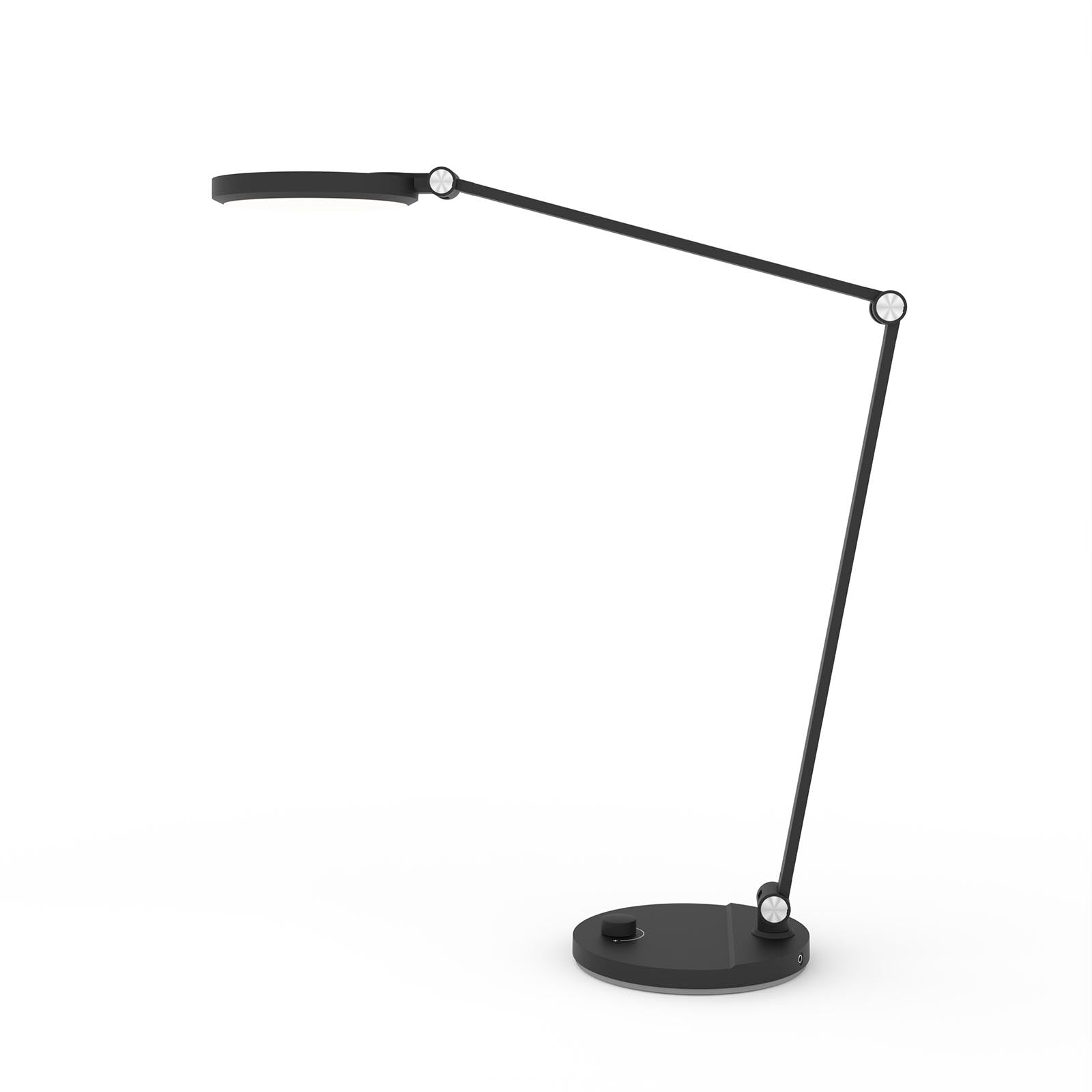 Schwarze, verstellbare Schreibtischlampe auf weißem Hintergrund, mit rundem Fuß und langem Arm.