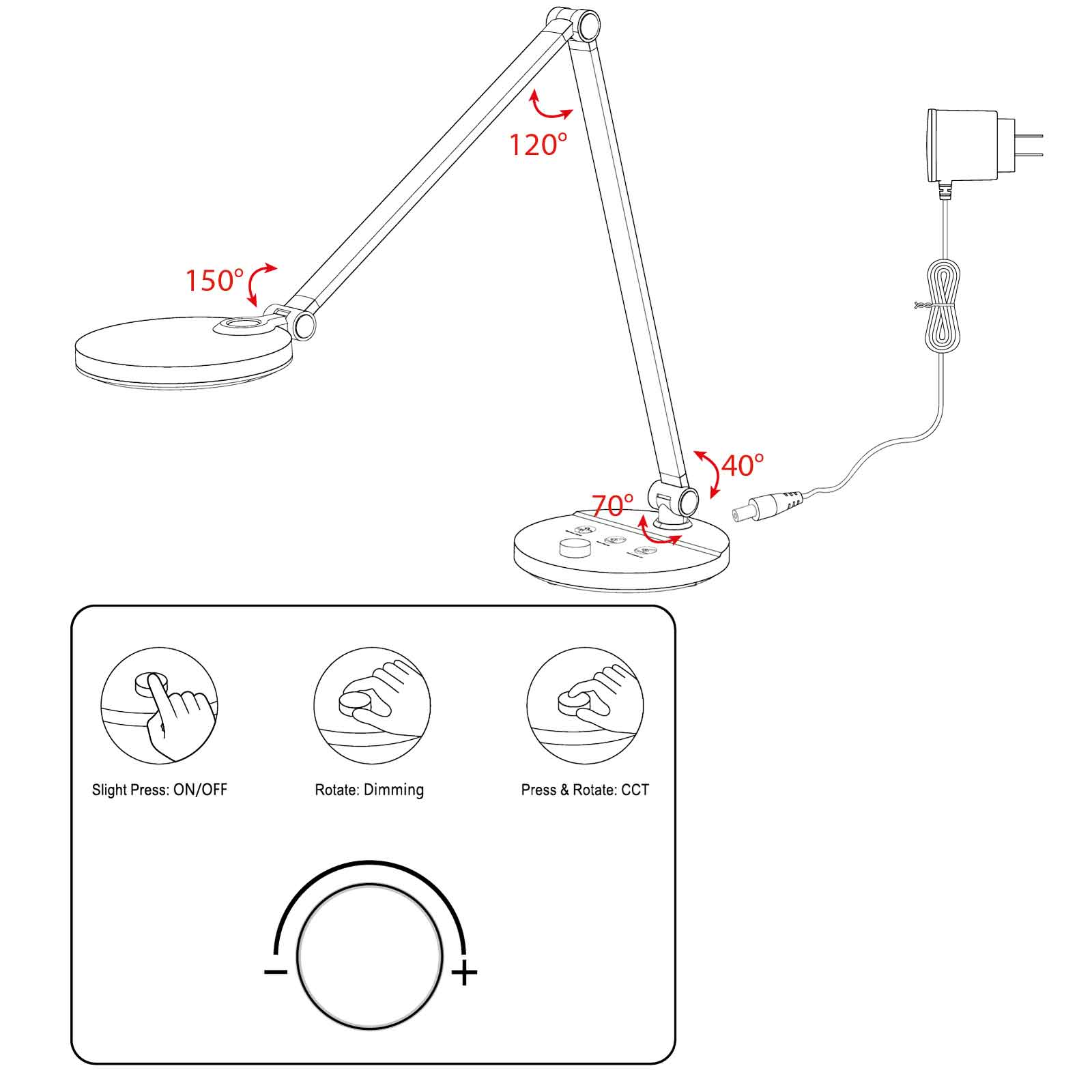 Diagramm einer Schreibtischlampe mit einstellbaren Winkeln und Touch-Steuerung.