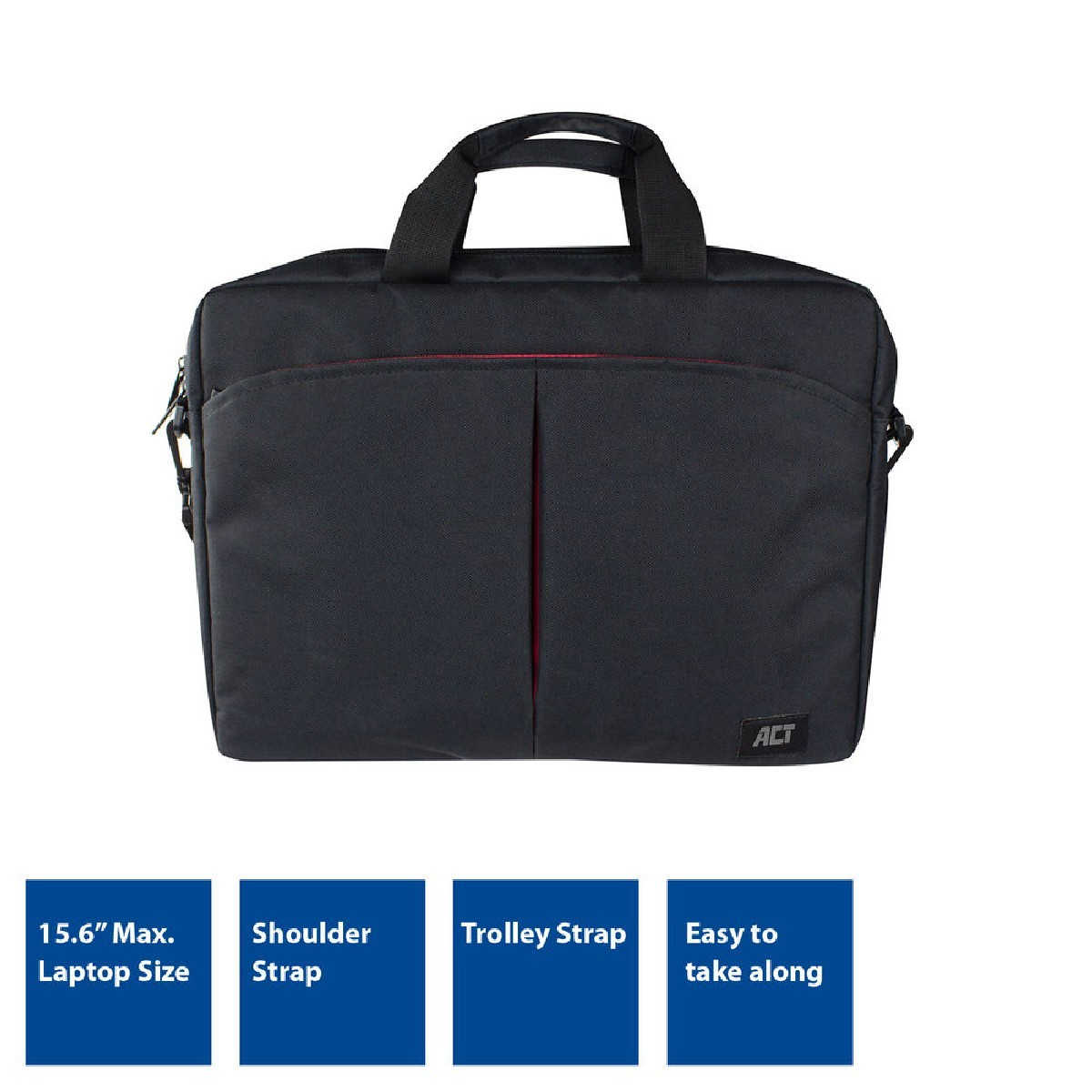 Zwarte laptoptas met rode voering, schouderriem en trolleyriem. De tas heeft het merk 'ACT'.