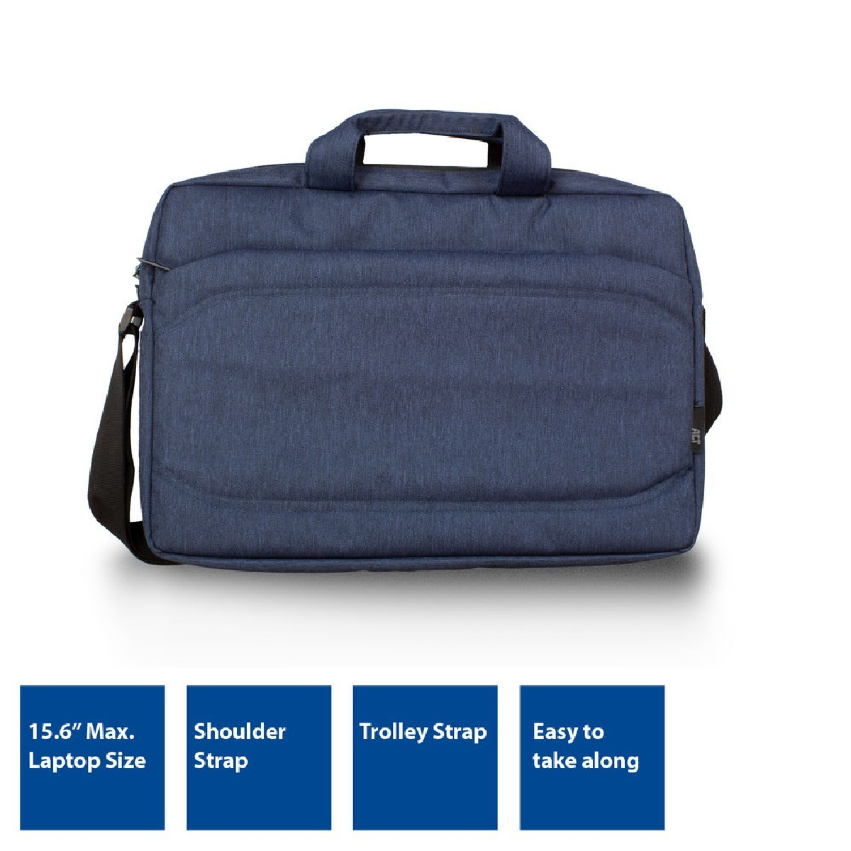 Borsa per laptop blu con tracolla, cinghia per trolley ed etichette di testo.