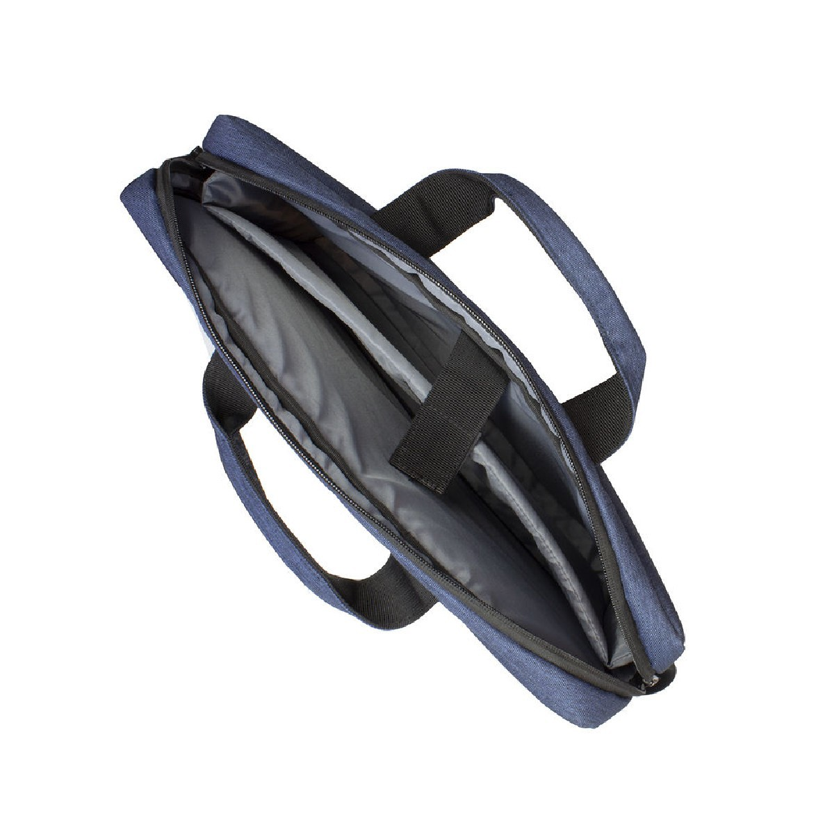 Una borsa per laptop blu scuro, aperta, con manico nero.