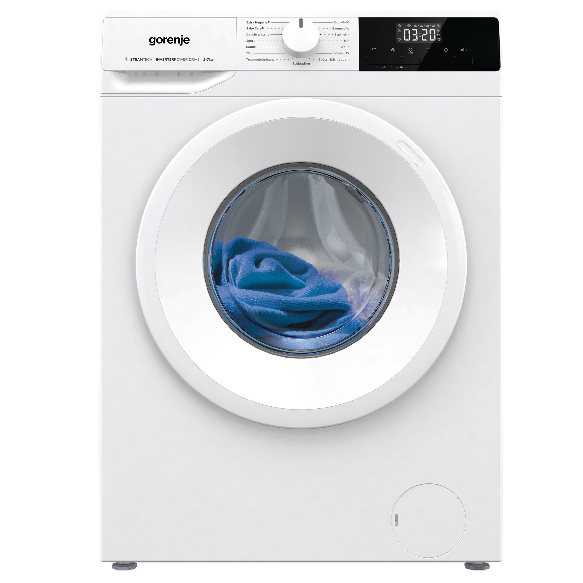 Eine weiße Waschmaschine mit einem blauen Handtuch darin. Die Maschine hat ein Bedienfeld und eine runde Tür.