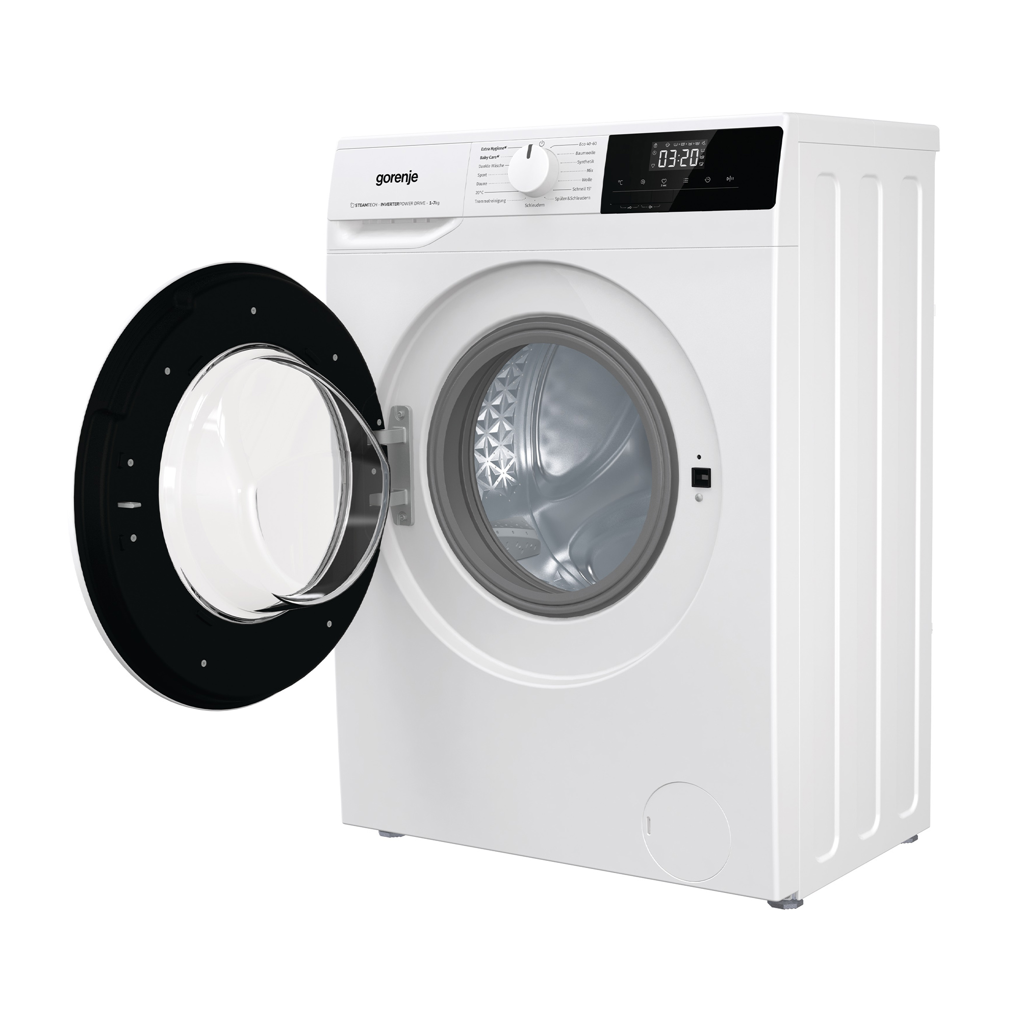 Eine weiße Waschmaschine mit geöffneter Tür. Die Trommel ist im Inneren sichtbar.