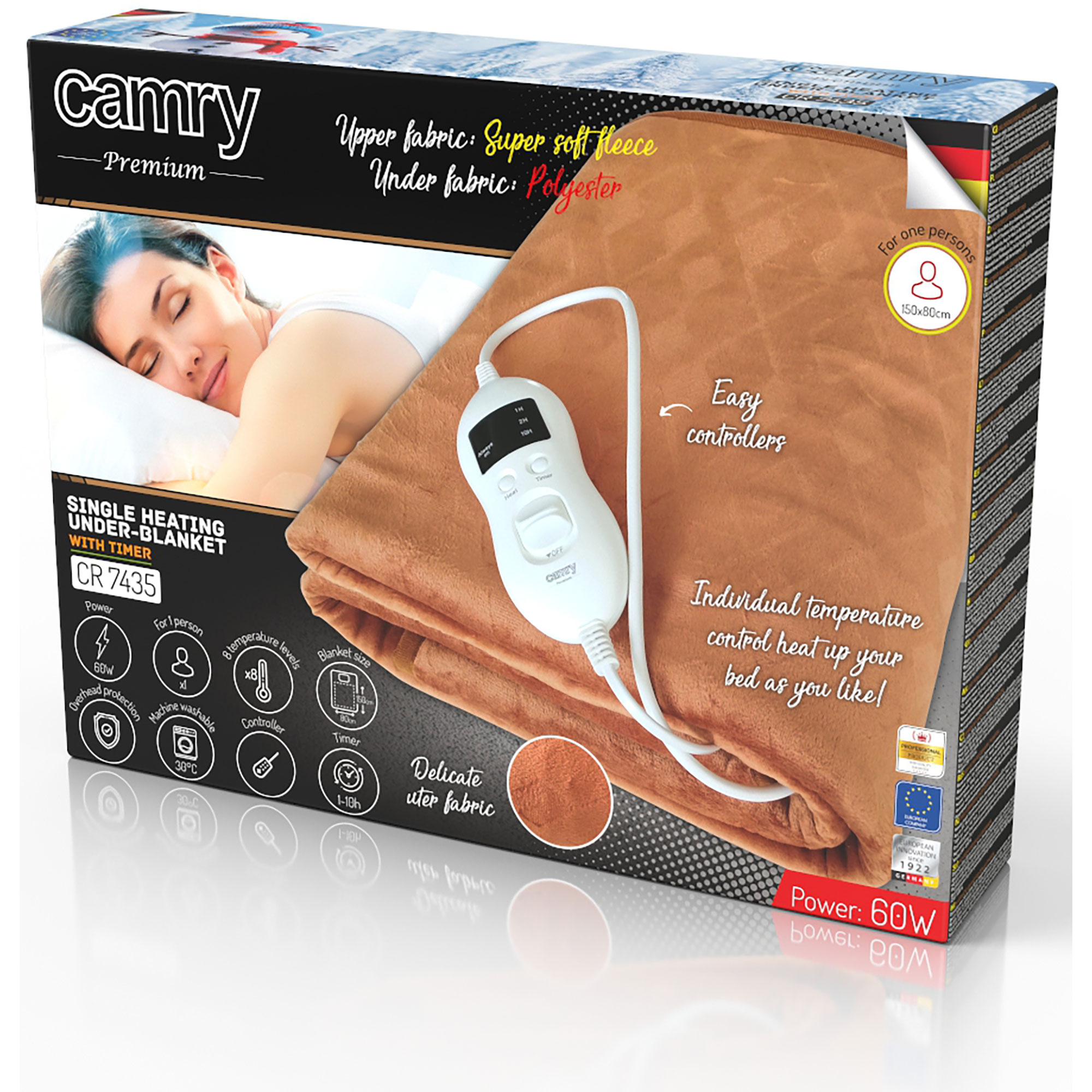 Caja de manta térmica, con una mujer durmiendo y controles mostrados, colores marrones.