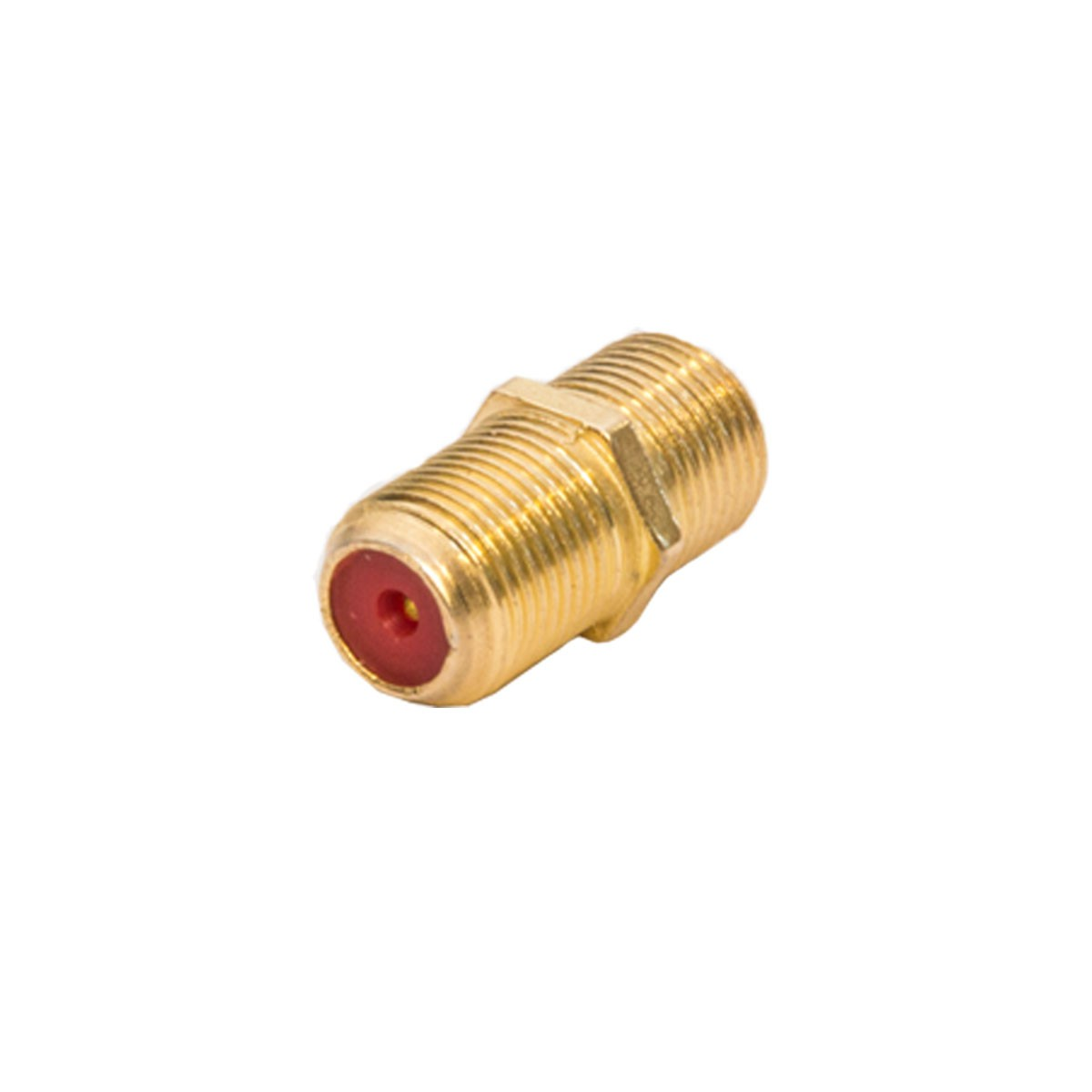 Ein goldener F-Anschluss vor weißem Hintergrund. Er hat rote Farbe in der Mitte.