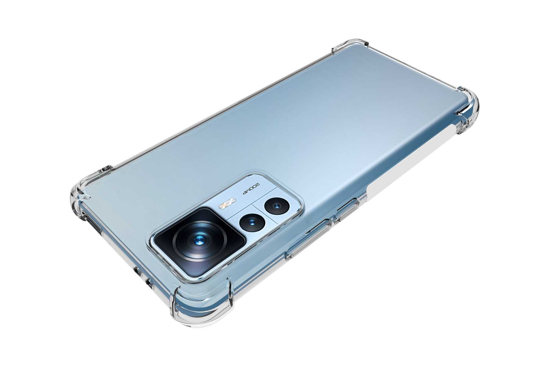 Ein Smartphone in einer transparenten Schutzhülle, das die Rückkameras und eine hellblaue Rückseite zeigt.