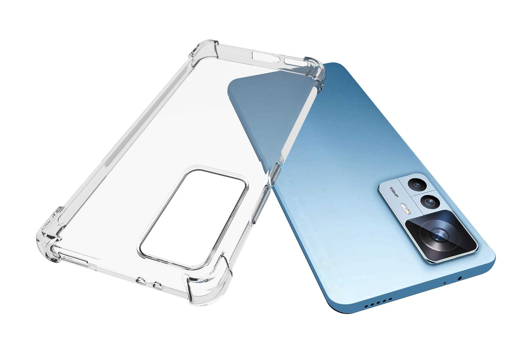 Telefon, transparente Schutzhülle. Telefon ist blau mit Kamera und Blitz.