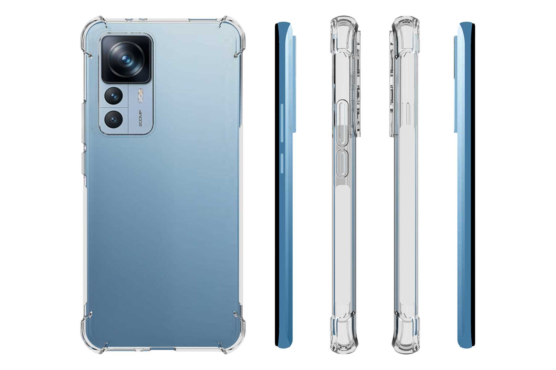 Telefon in klarer Hülle, Ansichten von hinten, Seite und vorne.