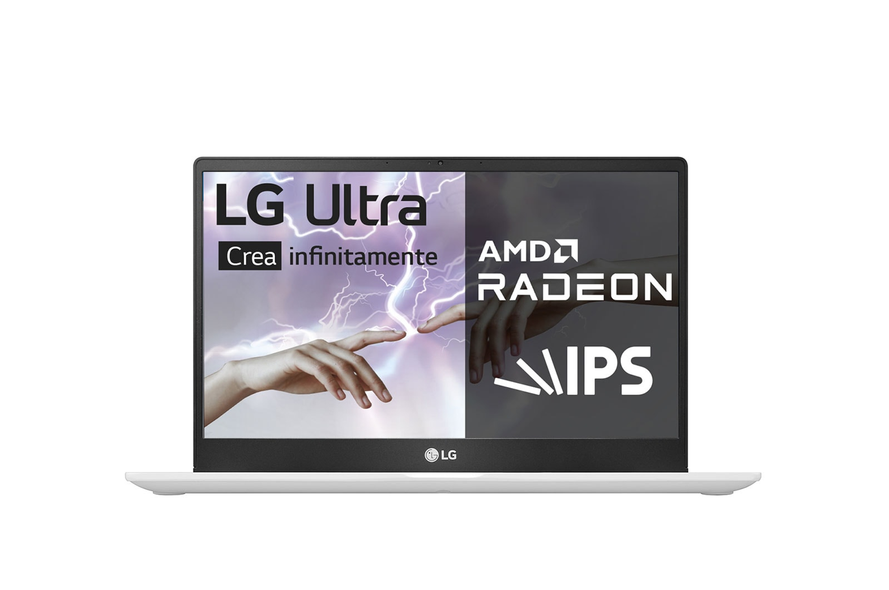 La pantalla del portátil muestra manos con un rayo y los logotipos de LG Ultra y AMD Radeon.