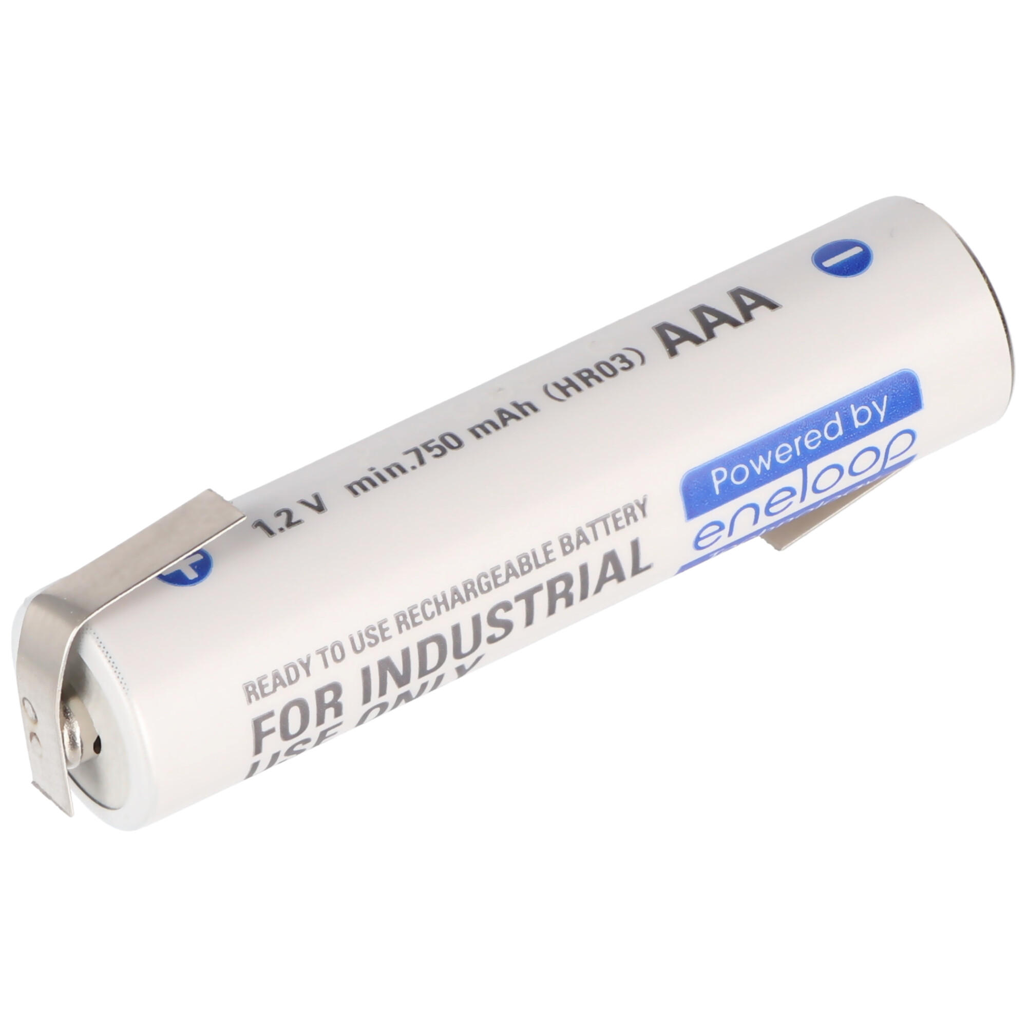 Eine weiße AAA-Batterie mit 'For Industrial Use' Aufdruck und 'Powered by eneloop' Logo.
