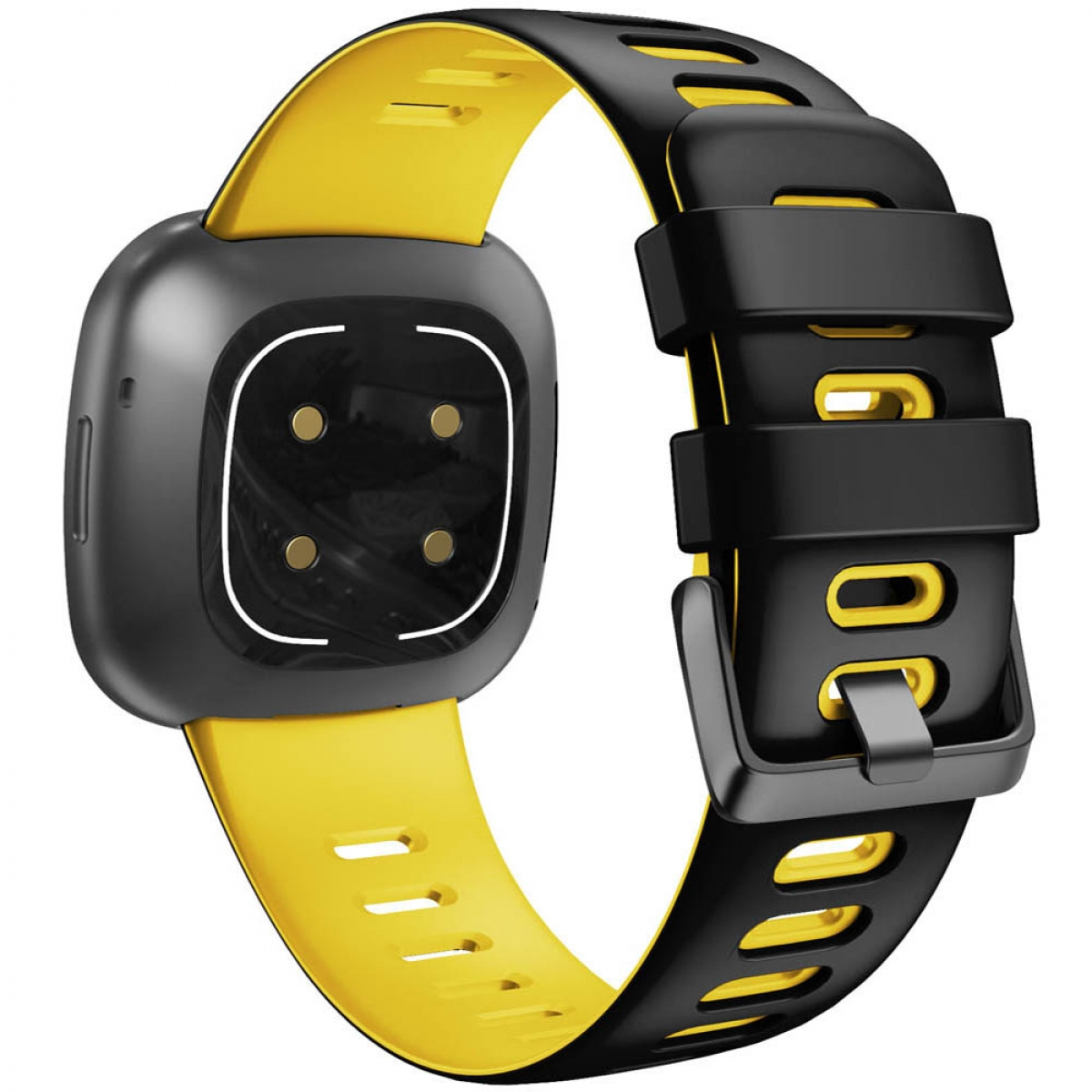 Smartwatch mit schwarzem Zifferblatt und gelbem Armband. Schwarze Schnalle. Die Uhr ist angewinkelt.