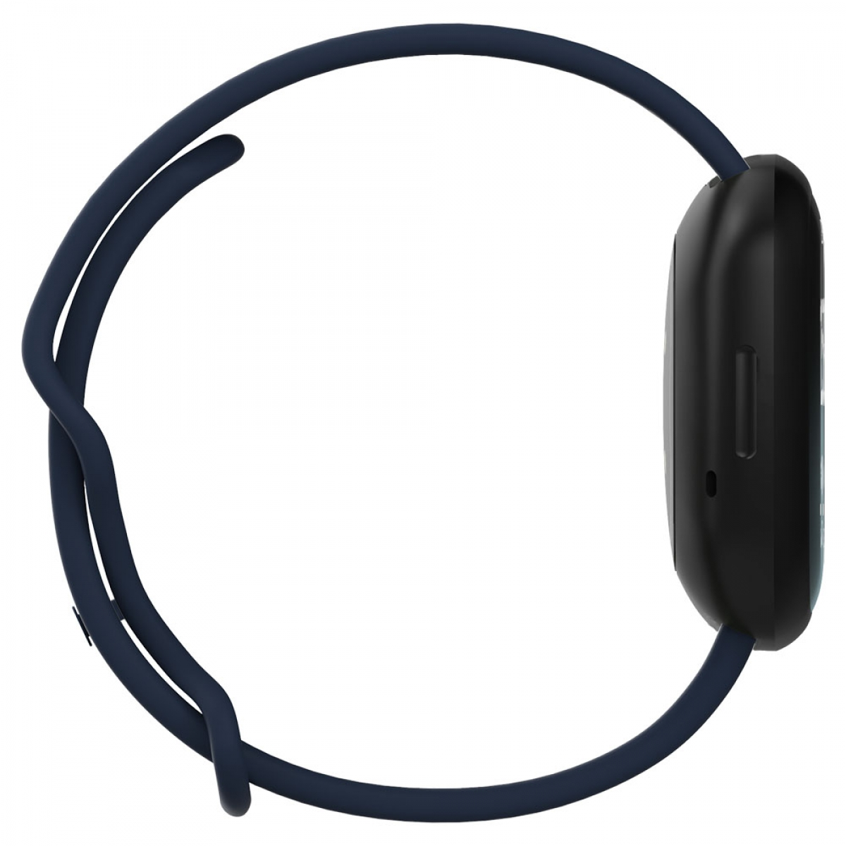 Seitenansicht einer schwarzen Smartwatch mit marineblauem Armband. Die Uhr liegt auf weißem Untergrund.